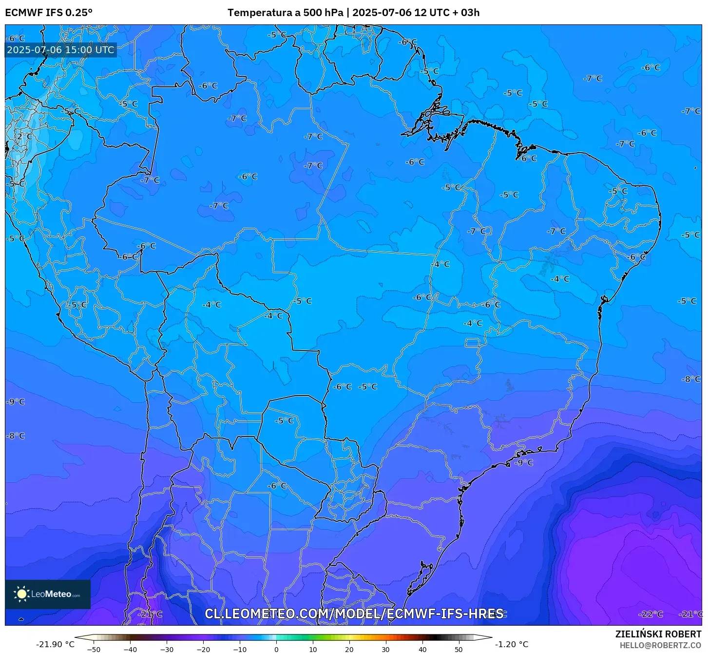 ECMWF IFS 0.25° model - Brasil, Temperatura a 500 hPa ECMWF IFS 0.25° model - Brasil, Temperatura a 500 hPa