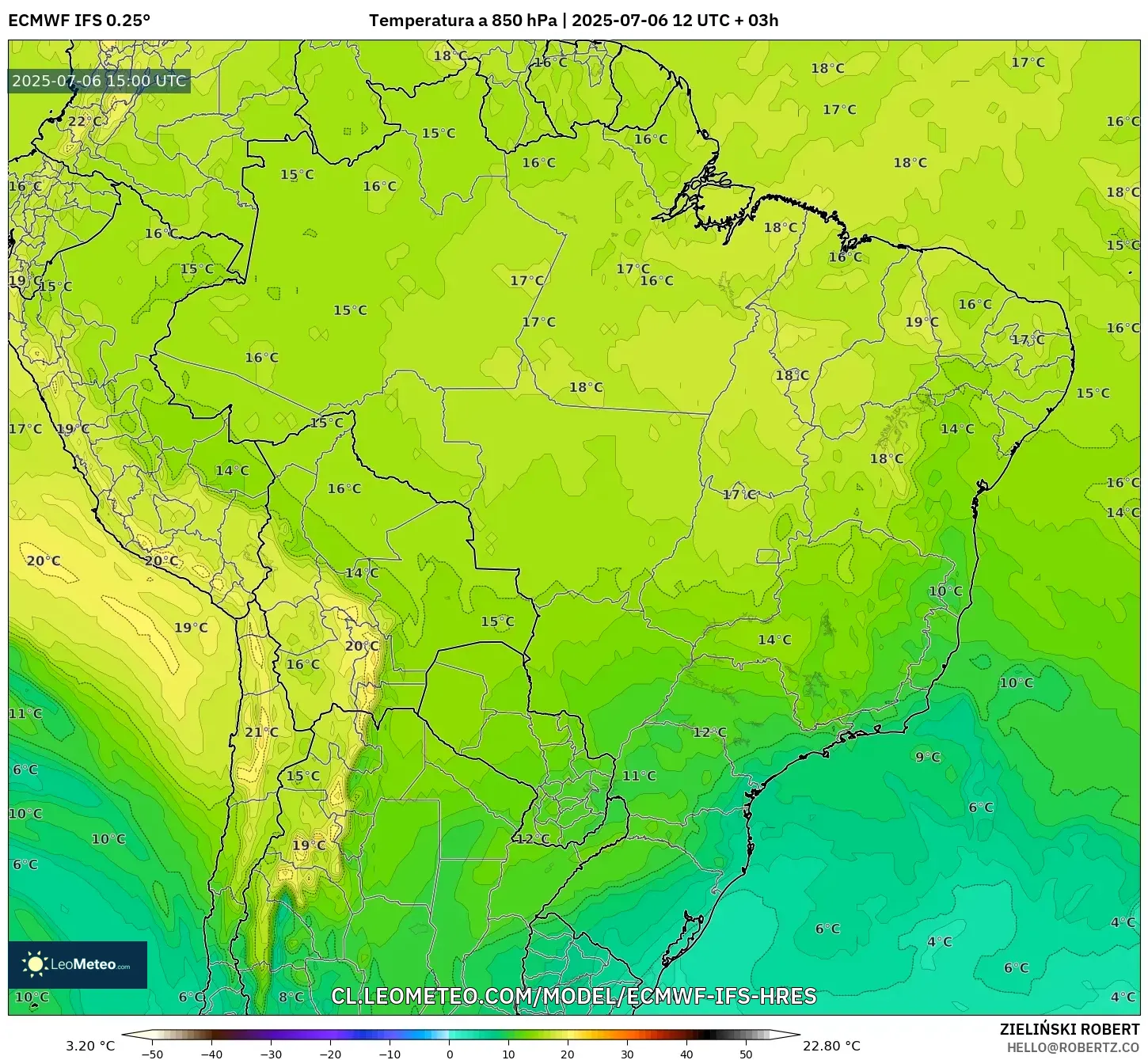 ECMWF IFS 0.25° model - Brasil, Temperatura a 850 hPa ECMWF IFS 0.25° model - Brasil, Temperatura a 850 hPa