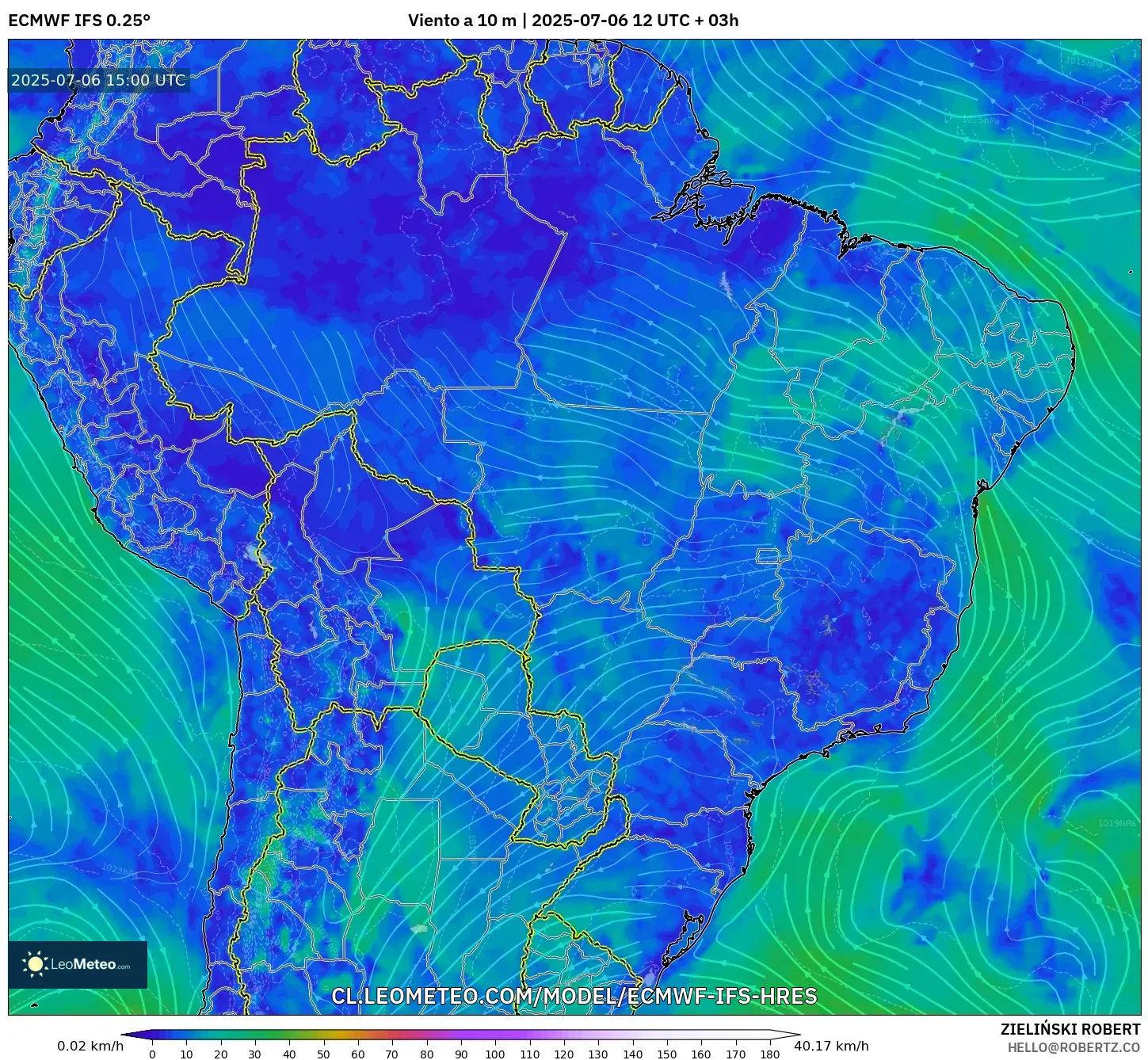 ECMWF IFS 0.25° model - Brasil, Viento a 10 m ECMWF IFS 0.25° model - Brasil, Viento a 10 m