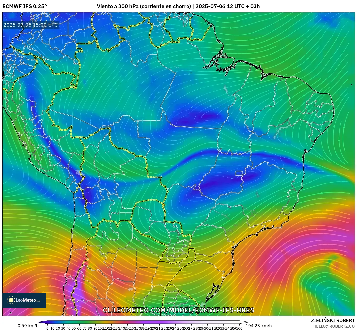 ECMWF IFS 0.25° model - Brasil, Viento a 300 hPa (corriente en chorro) ECMWF IFS 0.25° model - Brasil, Viento a 300 hPa (corriente en chorro)