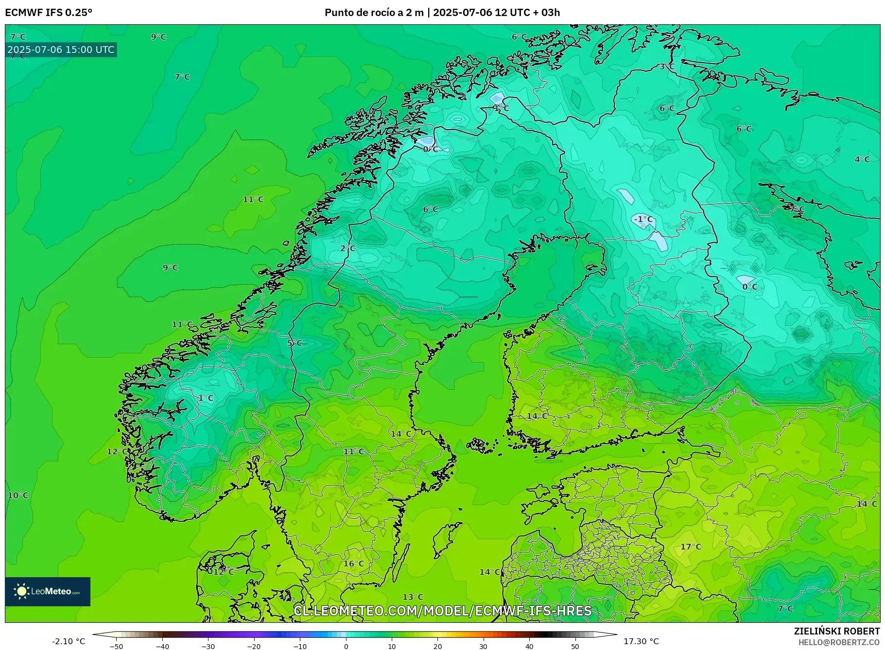 ECMWF IFS 0.25° model - Escandinavia, Punto de rocío a 2 m ECMWF IFS 0.25° model - Escandinavia, Punto de rocío a 2 m