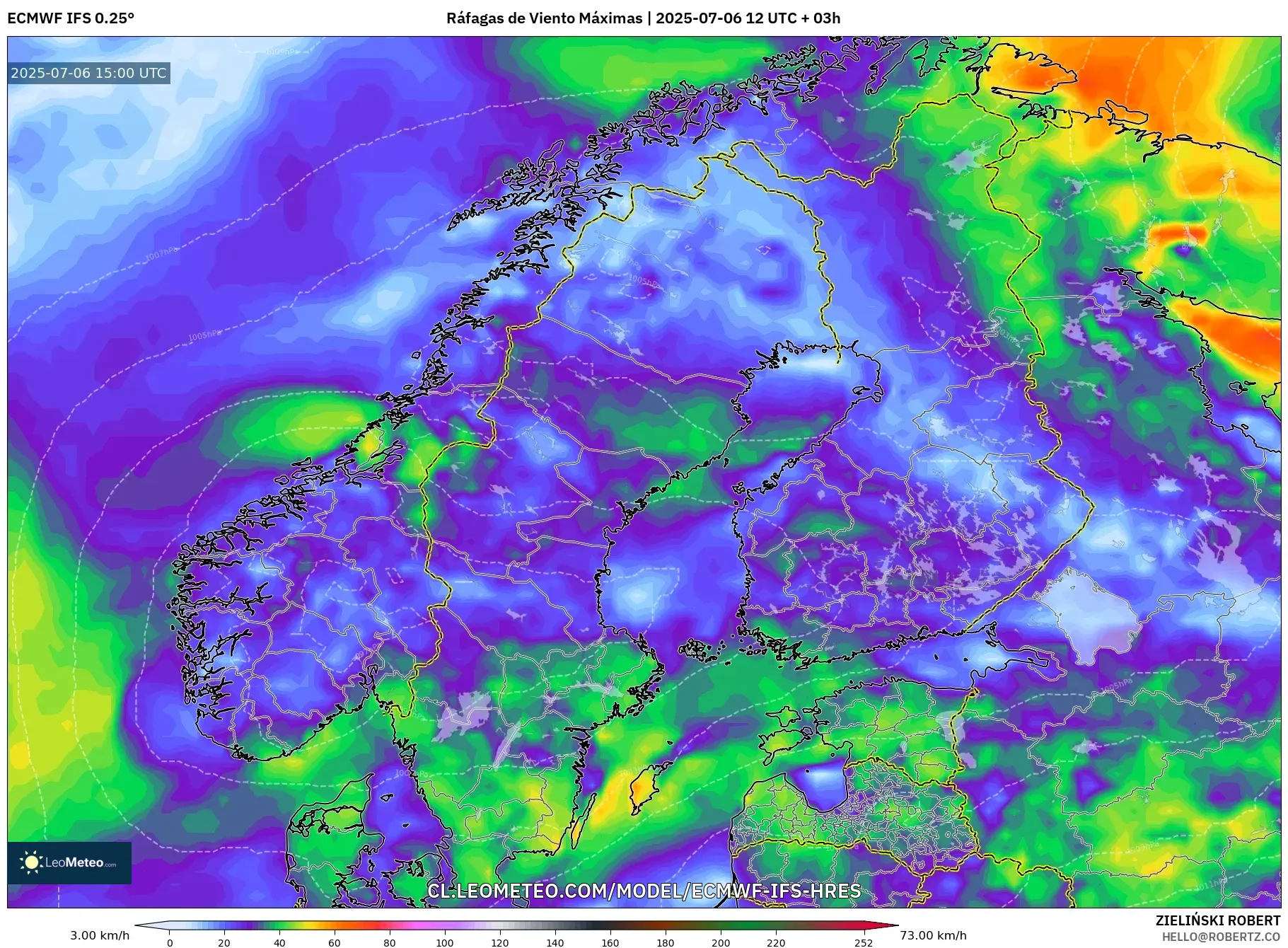 ECMWF IFS 0.25° model - Escandinavia, Ráfagas de Viento Máximas ECMWF IFS 0.25° model - Escandinavia, Ráfagas de Viento Máximas