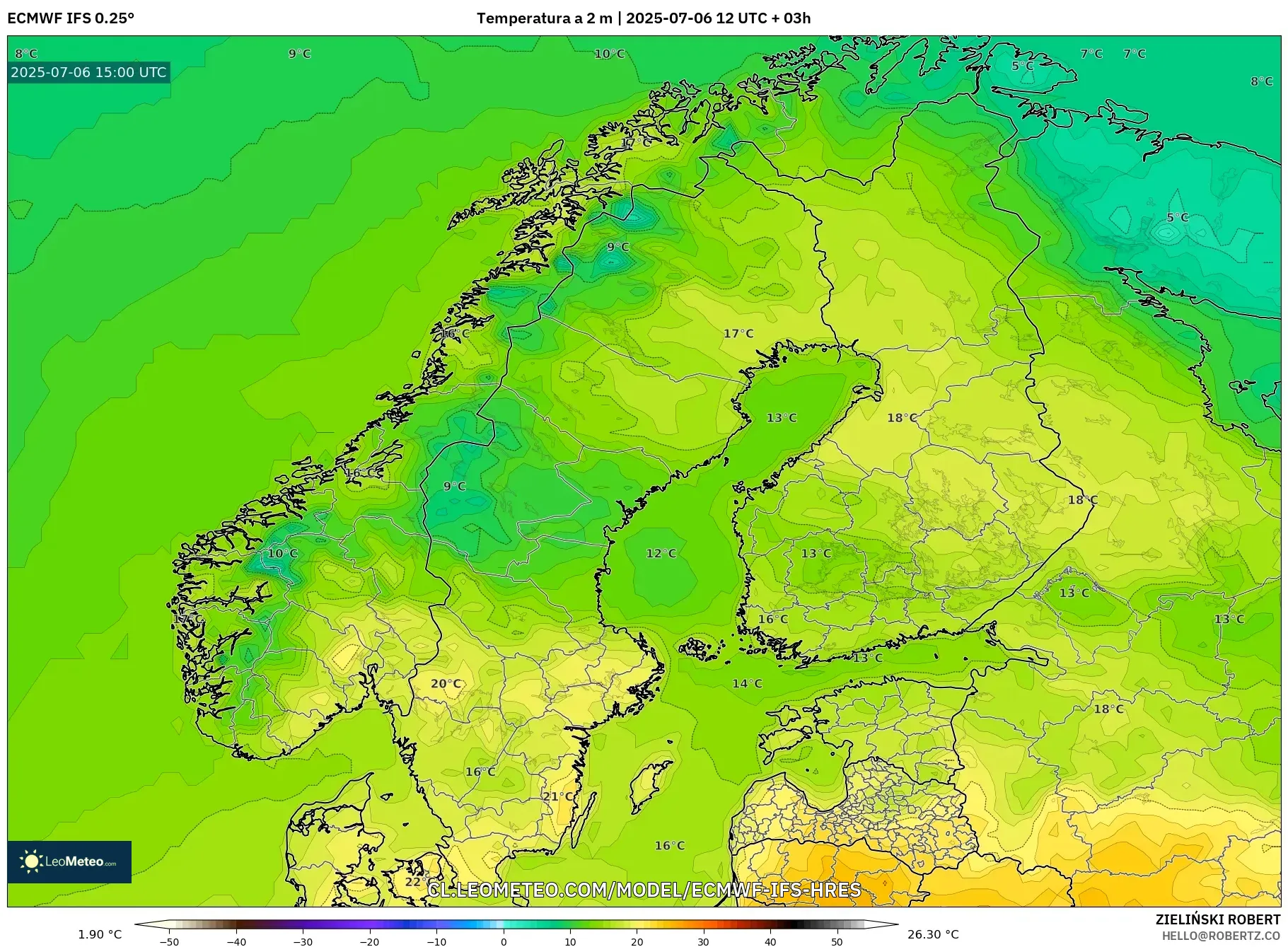 ECMWF IFS 0.25° model - Escandinavia, Temperatura a 2 m ECMWF IFS 0.25° model - Escandinavia, Temperatura a 2 m
