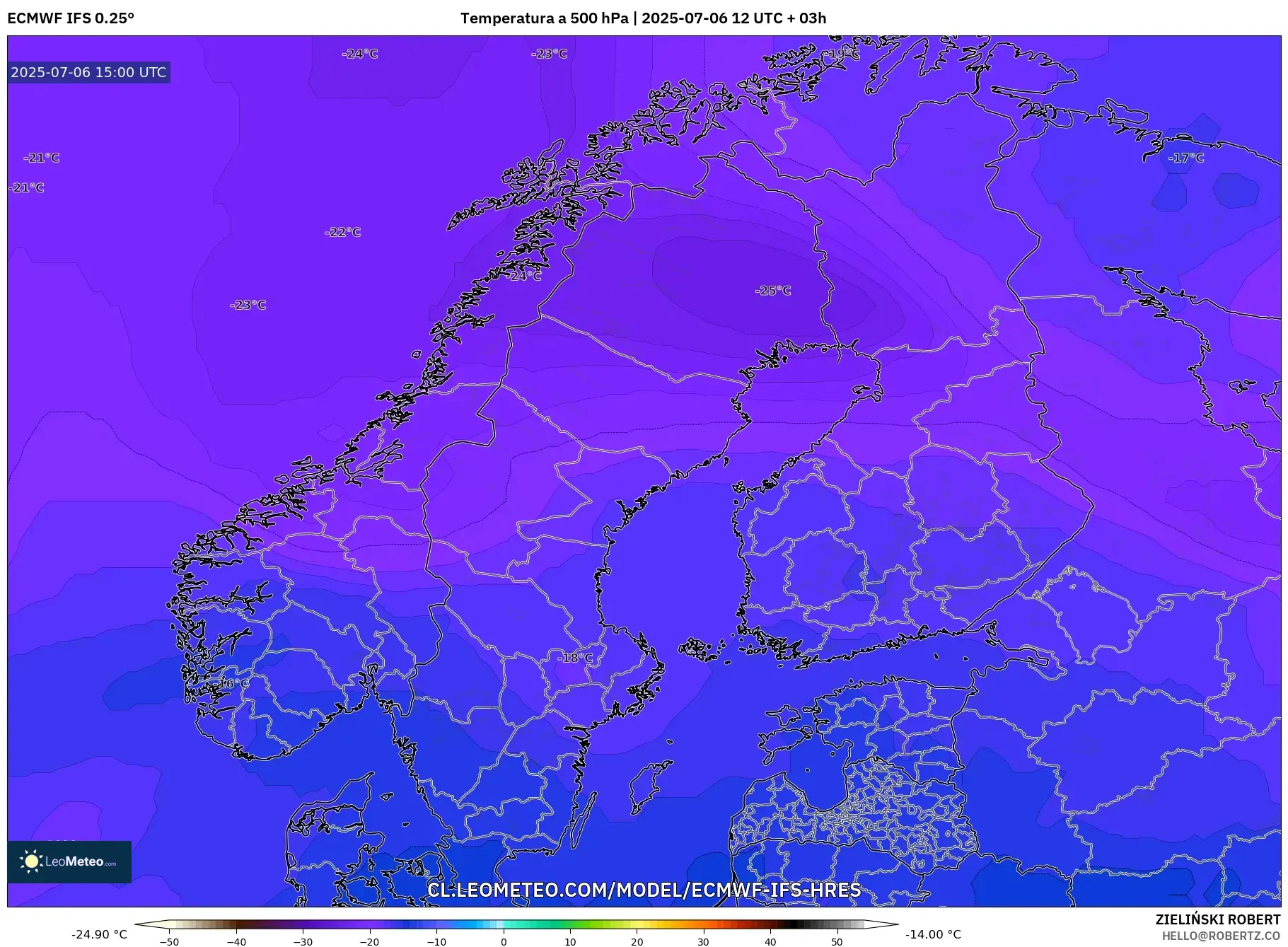 ECMWF IFS 0.25° model - Escandinavia, Temperatura a 500 hPa ECMWF IFS 0.25° model - Escandinavia, Temperatura a 500 hPa