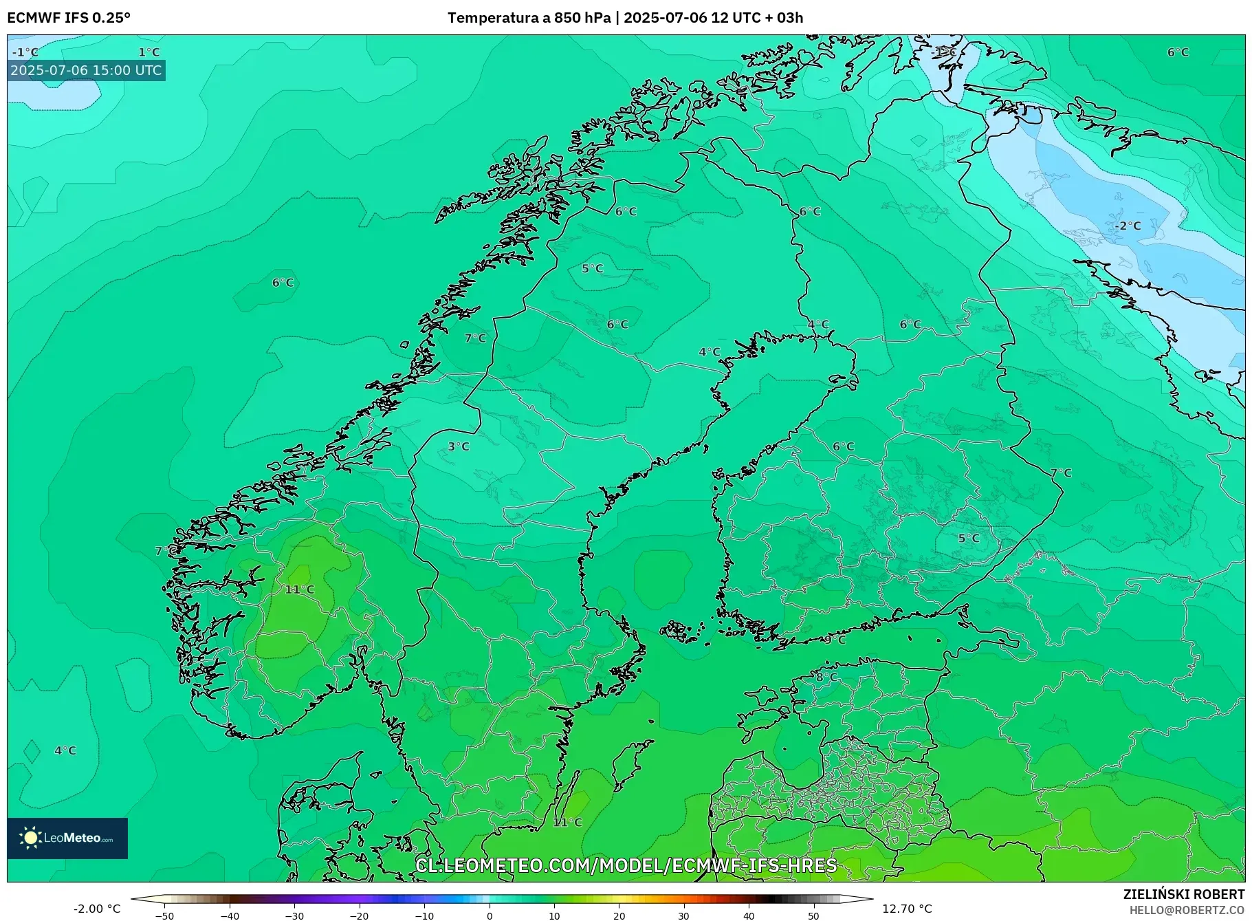 ECMWF IFS 0.25° model - Escandinavia, Temperatura a 850 hPa ECMWF IFS 0.25° model - Escandinavia, Temperatura a 850 hPa