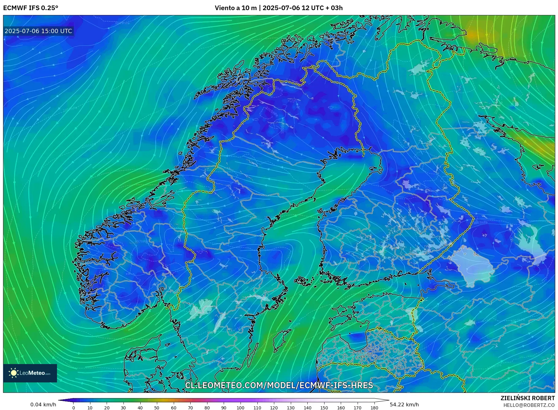ECMWF IFS 0.25° model - Escandinavia, Viento a 10 m ECMWF IFS 0.25° model - Escandinavia, Viento a 10 m