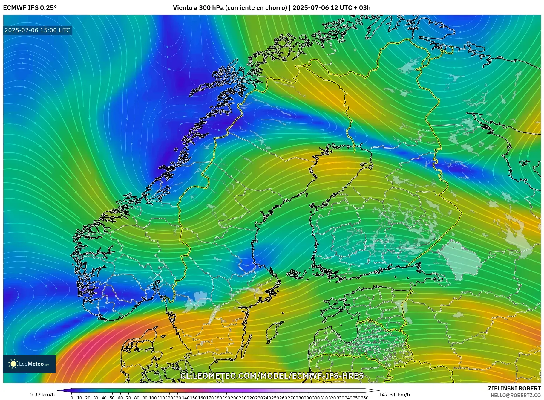 ECMWF IFS 0.25° model - Escandinavia, Viento a 300 hPa (corriente en chorro) ECMWF IFS 0.25° model - Escandinavia, Viento a 300 hPa (corriente en chorro)