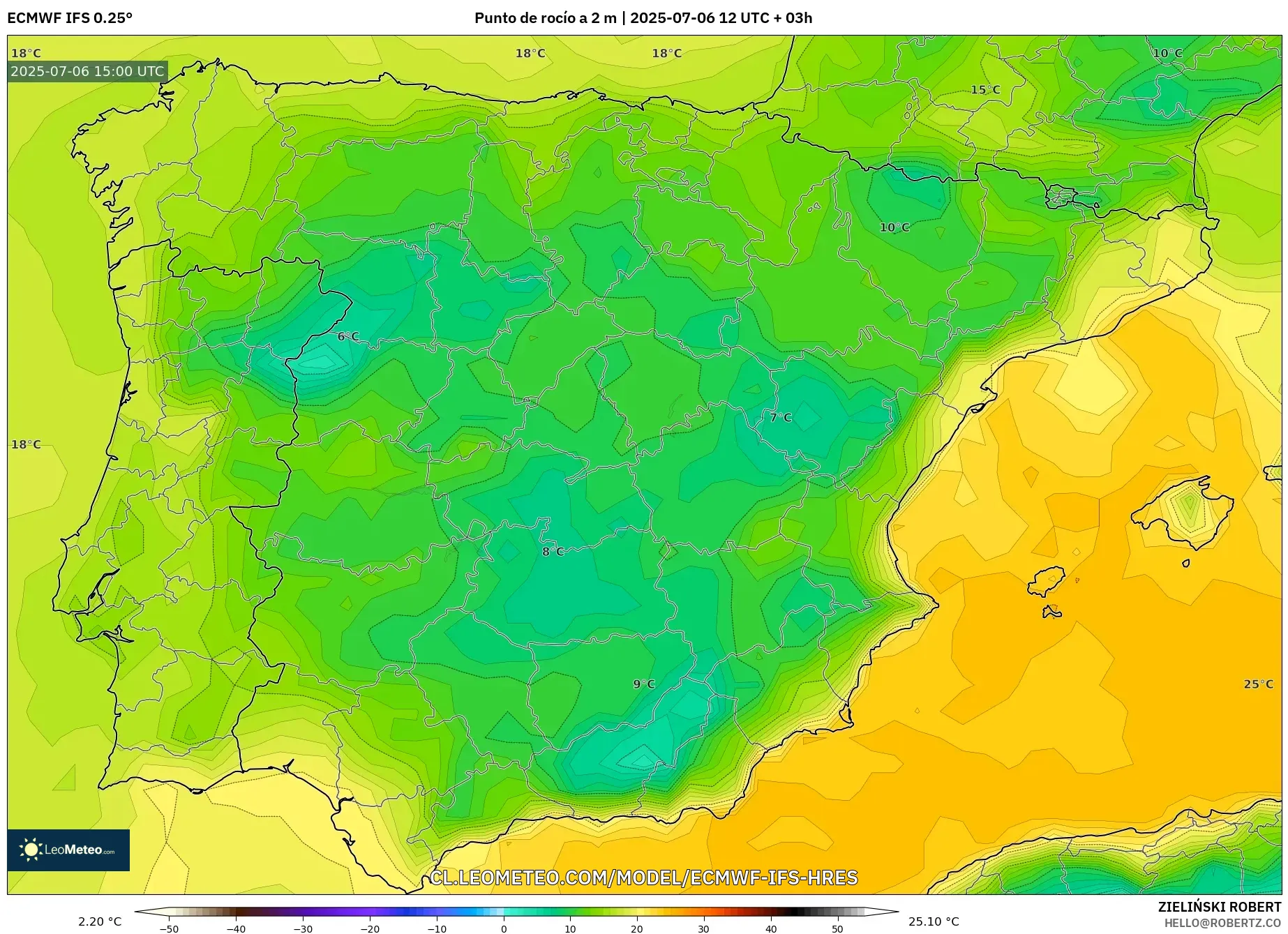 ECMWF IFS 0.25° model - España, Punto de rocío a 2 m ECMWF IFS 0.25° model - España, Punto de rocío a 2 m