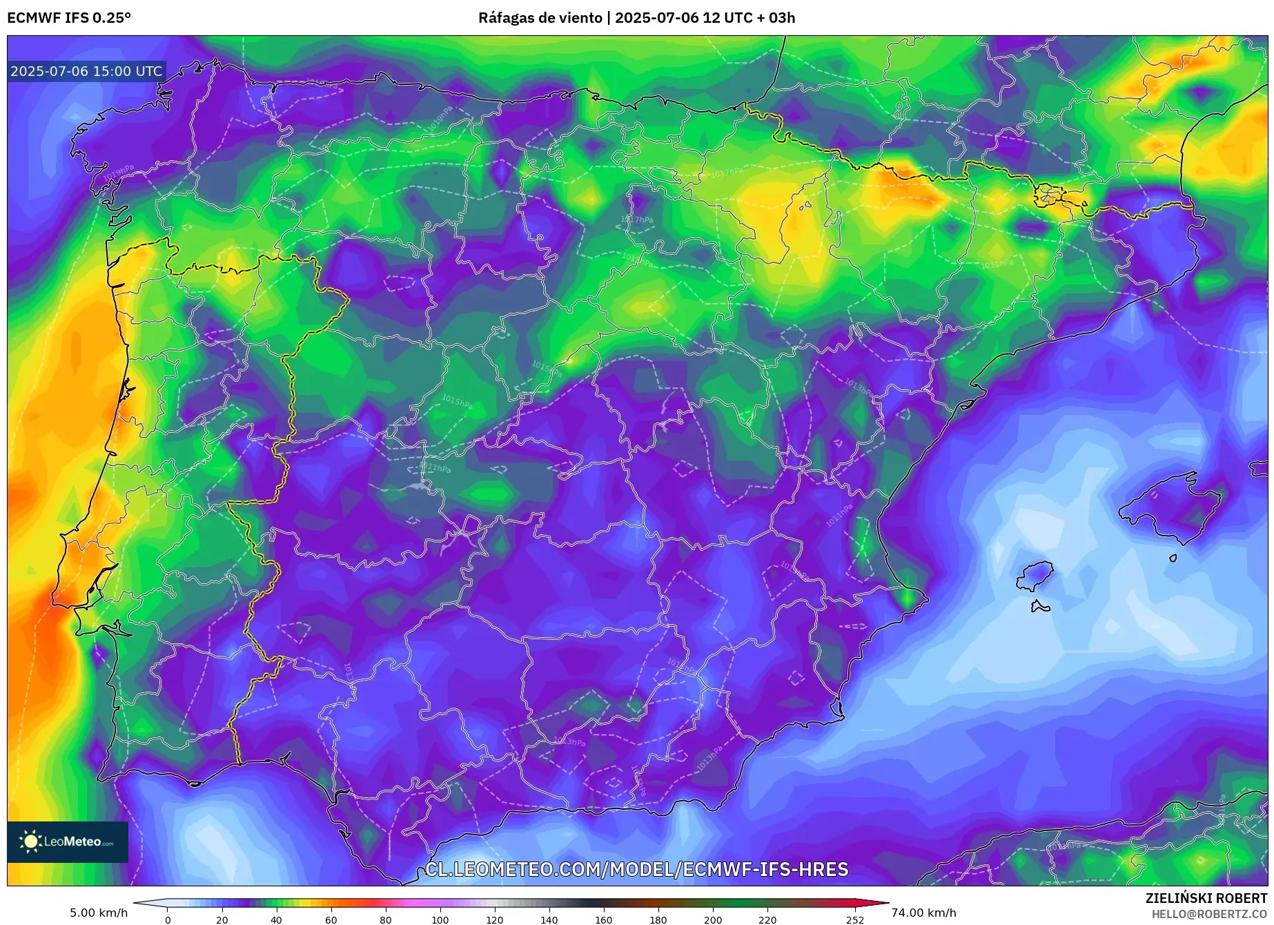 ECMWF IFS 0.25° model - España, Ráfagas de viento ECMWF IFS 0.25° model - España, Ráfagas de viento