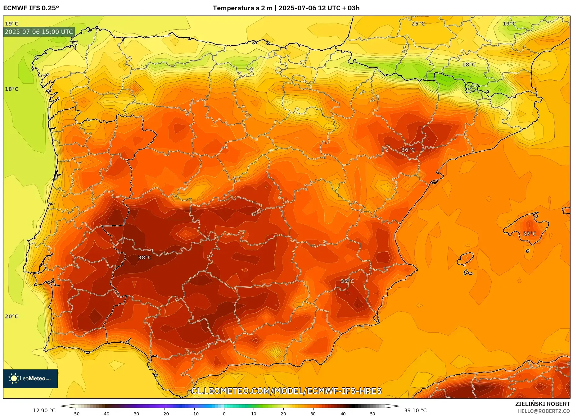 ECMWF IFS 0.25° model - España, Temperatura a 2 m ECMWF IFS 0.25° model - España, Temperatura a 2 m