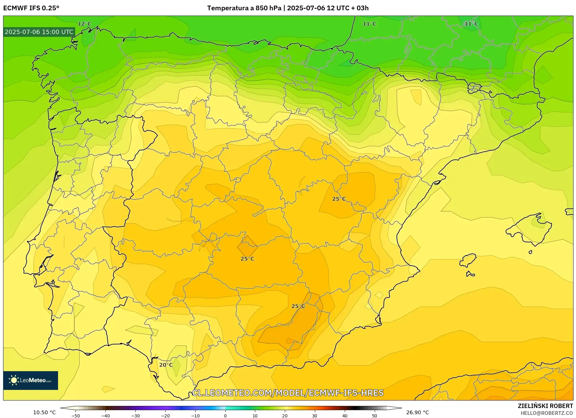 ECMWF IFS 0.25° model - España, Temperatura a 850 hPa ECMWF IFS 0.25° model - España, Temperatura a 850 hPa