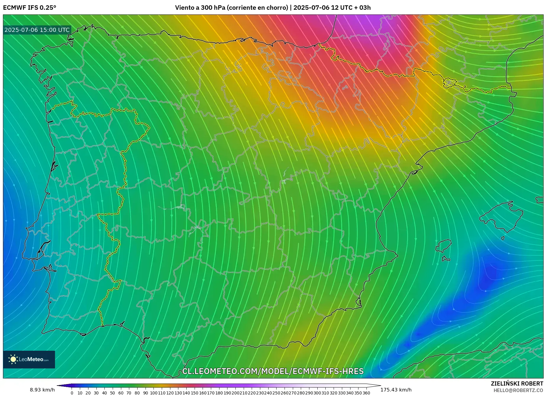 ECMWF IFS 0.25° model - España, Viento a 300 hPa (corriente en chorro) ECMWF IFS 0.25° model - España, Viento a 300 hPa (corriente en chorro)
