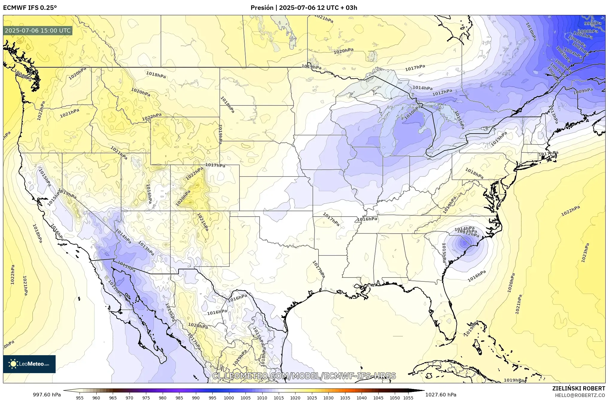 ECMWF IFS 0.25° model - Estados Unidos, Presión ECMWF IFS 0.25° model - Estados Unidos, Presión