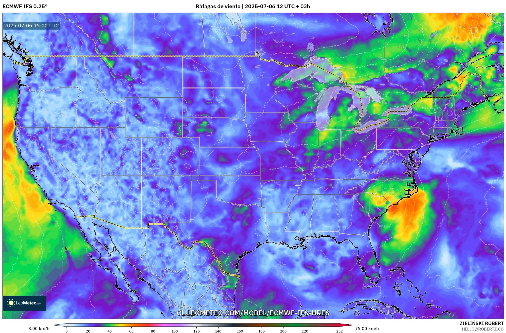 ECMWF IFS 0.25° model - Estados Unidos, Ráfagas de viento ECMWF IFS 0.25° model - Estados Unidos, Ráfagas de viento