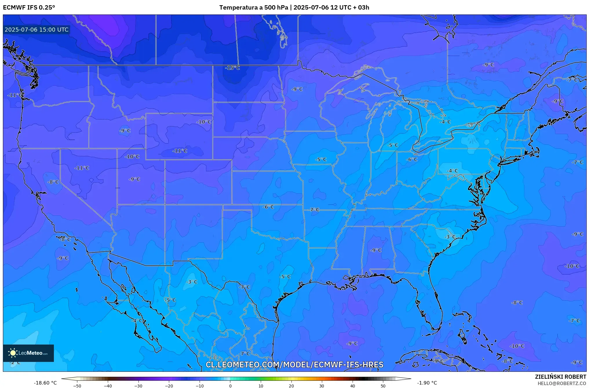 ECMWF IFS 0.25° model - Estados Unidos, Temperatura a 500 hPa ECMWF IFS 0.25° model - Estados Unidos, Temperatura a 500 hPa