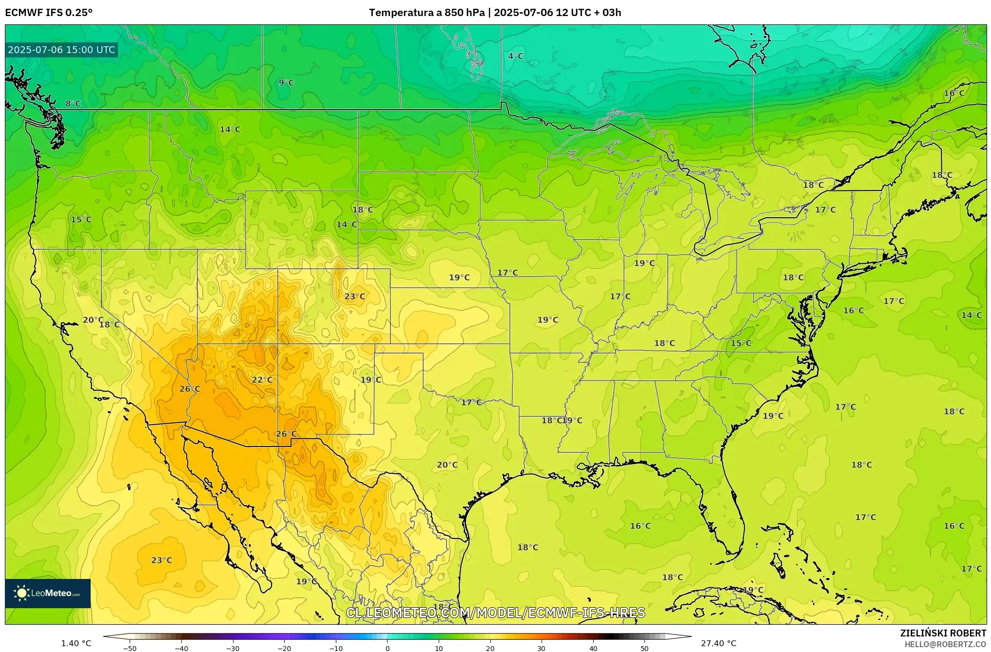 ECMWF IFS 0.25° model - Estados Unidos, Temperatura a 850 hPa ECMWF IFS 0.25° model - Estados Unidos, Temperatura a 850 hPa