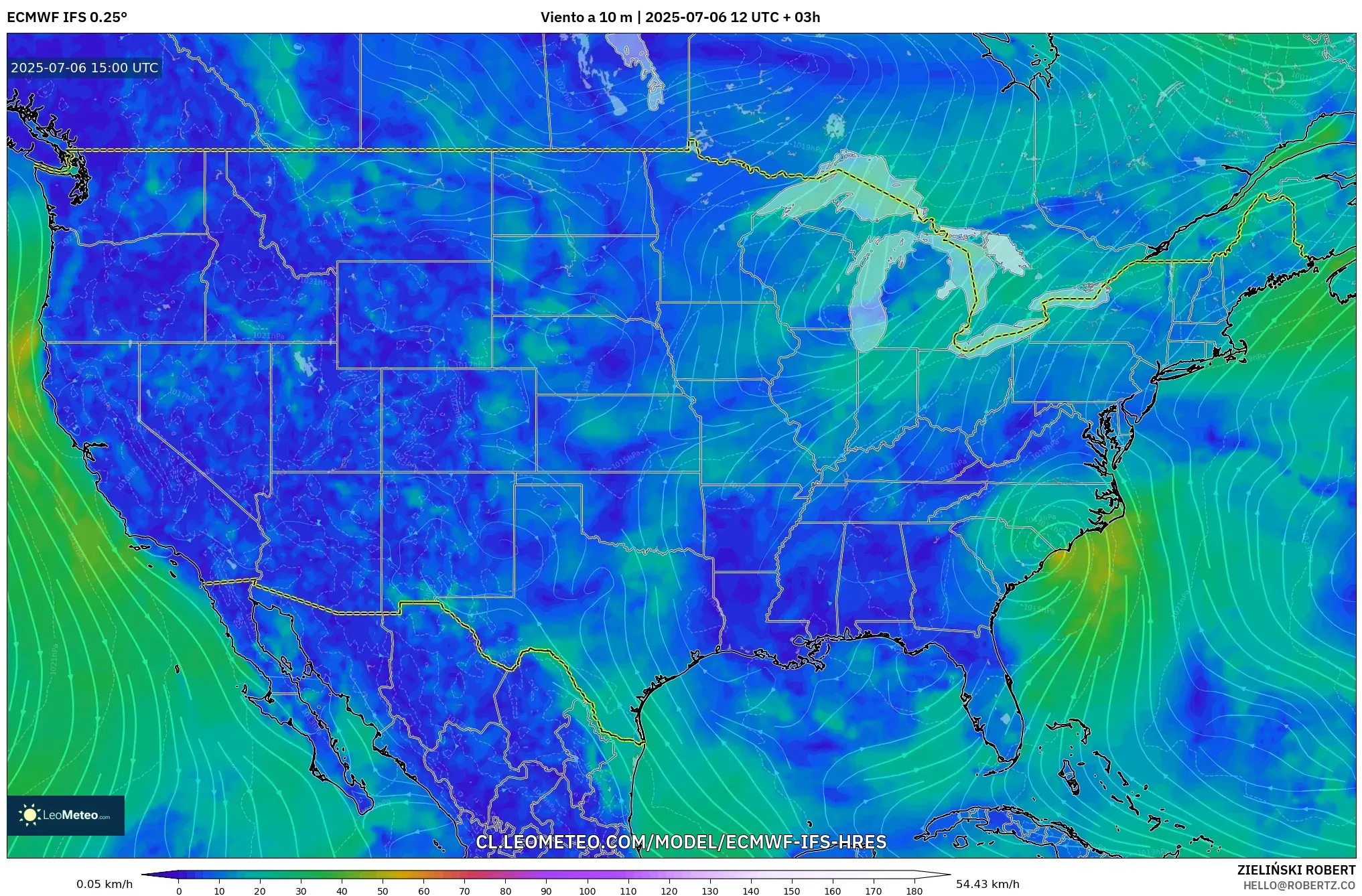 ECMWF IFS 0.25° model - Estados Unidos, Viento a 10 m ECMWF IFS 0.25° model - Estados Unidos, Viento a 10 m