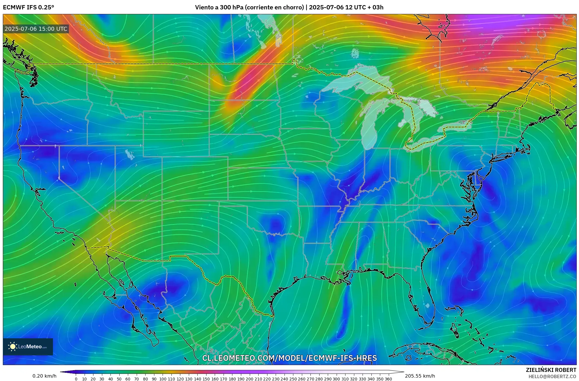 ECMWF IFS 0.25° model - Estados Unidos, Viento a 300 hPa (corriente en chorro) ECMWF IFS 0.25° model - Estados Unidos, Viento a 300 hPa (corriente en chorro)