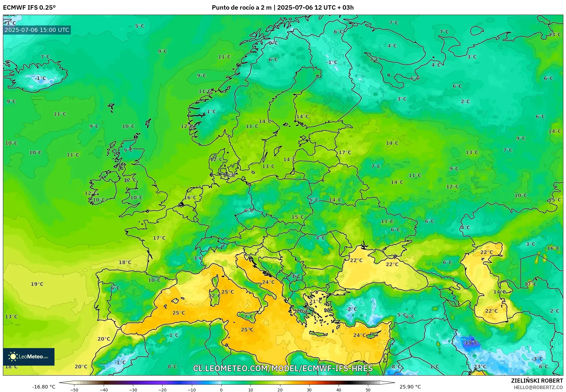ECMWF IFS 0.25° model - Europa, Punto de rocío a 2 m ECMWF IFS 0.25° model - Europa, Punto de rocío a 2 m