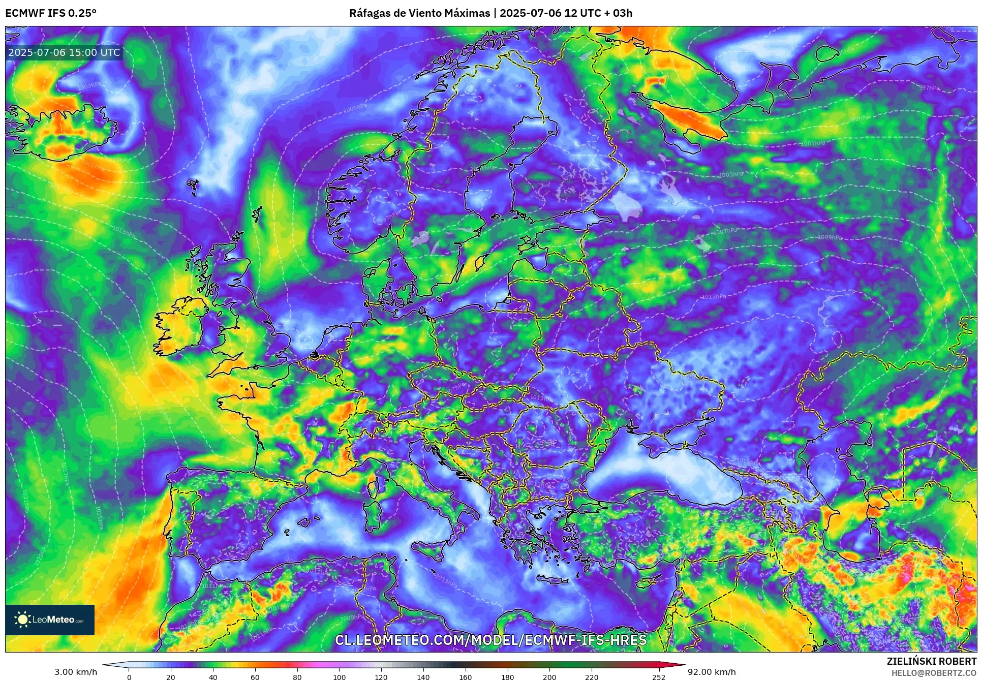ECMWF IFS 0.25° model - Europa, Ráfagas de Viento Máximas ECMWF IFS 0.25° model - Europa, Ráfagas de Viento Máximas