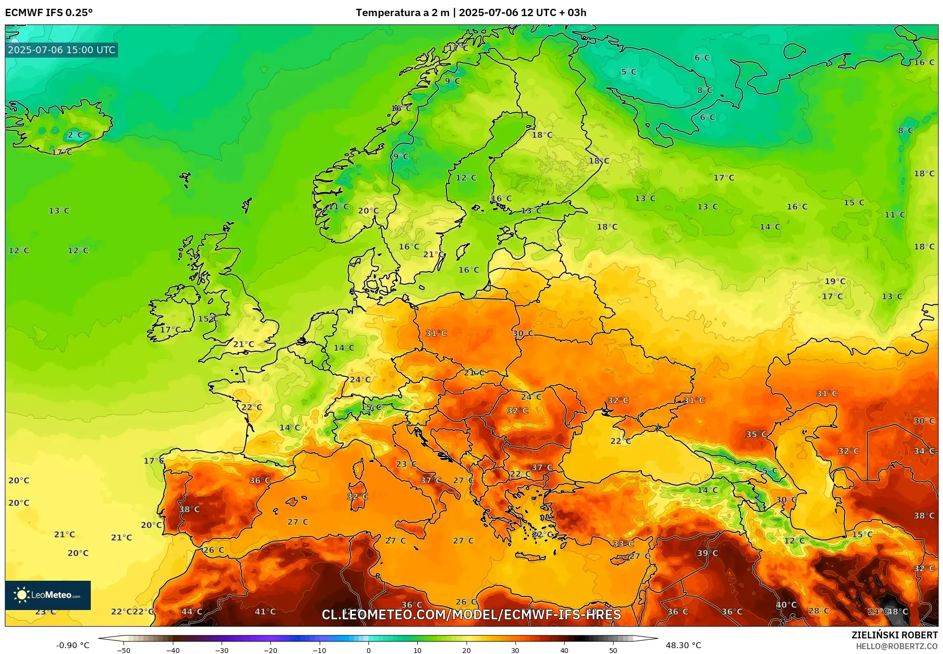 ECMWF IFS 0.25° model - Europa, Temperatura a 2 m ECMWF IFS 0.25° model - Europa, Temperatura a 2 m