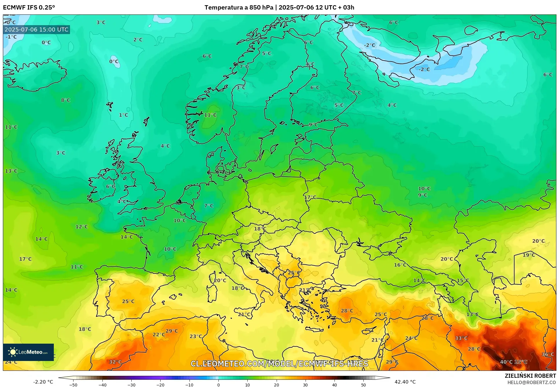 ECMWF IFS 0.25° model - Europa, Temperatura a 850 hPa ECMWF IFS 0.25° model - Europa, Temperatura a 850 hPa