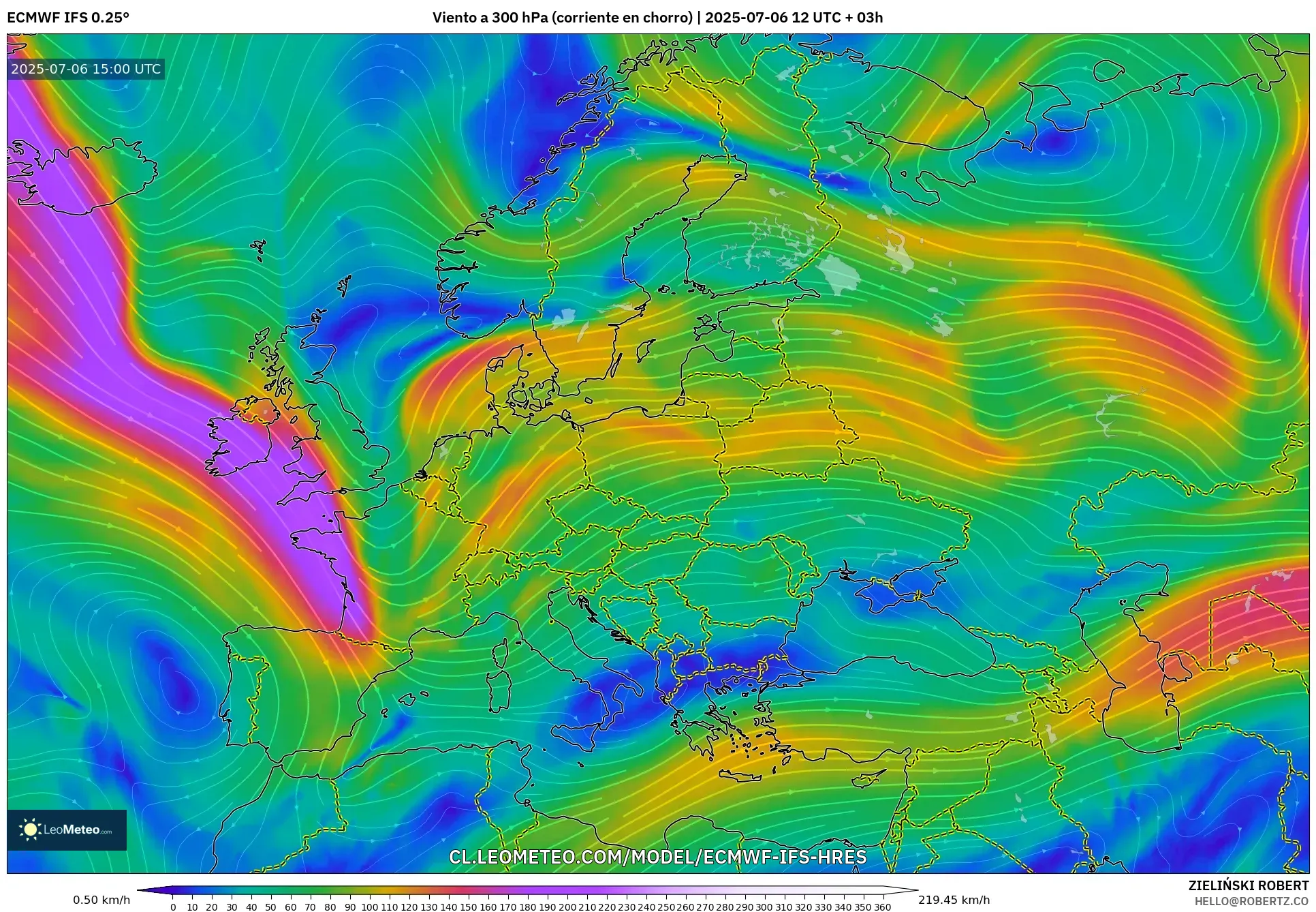 ECMWF IFS 0.25° model - Europa, Viento a 300 hPa (corriente en chorro) ECMWF IFS 0.25° model - Europa, Viento a 300 hPa (corriente en chorro)