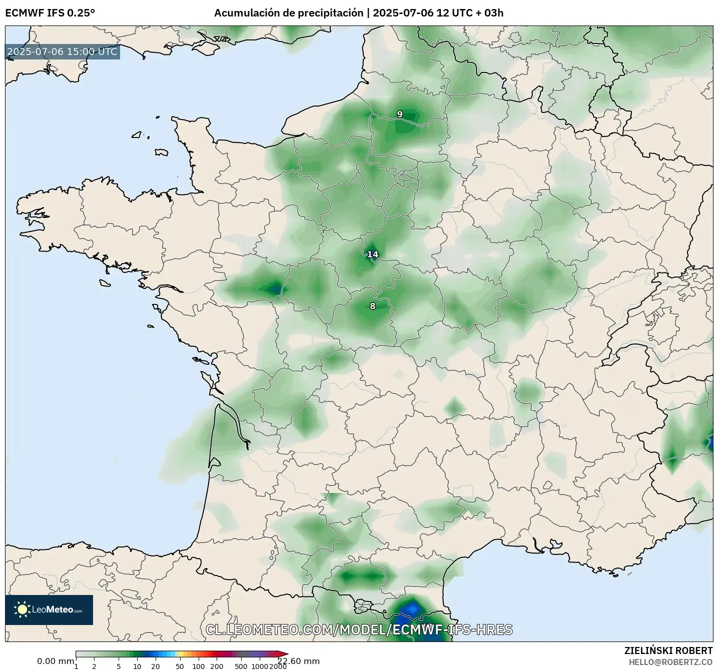 ECMWF IFS 0.25° model - Francia, Acumulación de precipitación ECMWF IFS 0.25° model - Francia, Acumulación de precipitación