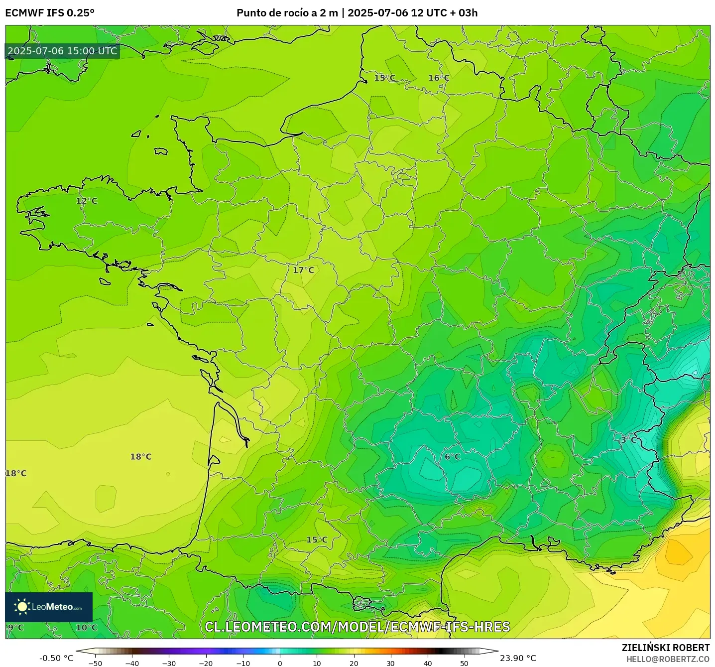 ECMWF IFS 0.25° model - Francia, Punto de rocío a 2 m ECMWF IFS 0.25° model - Francia, Punto de rocío a 2 m