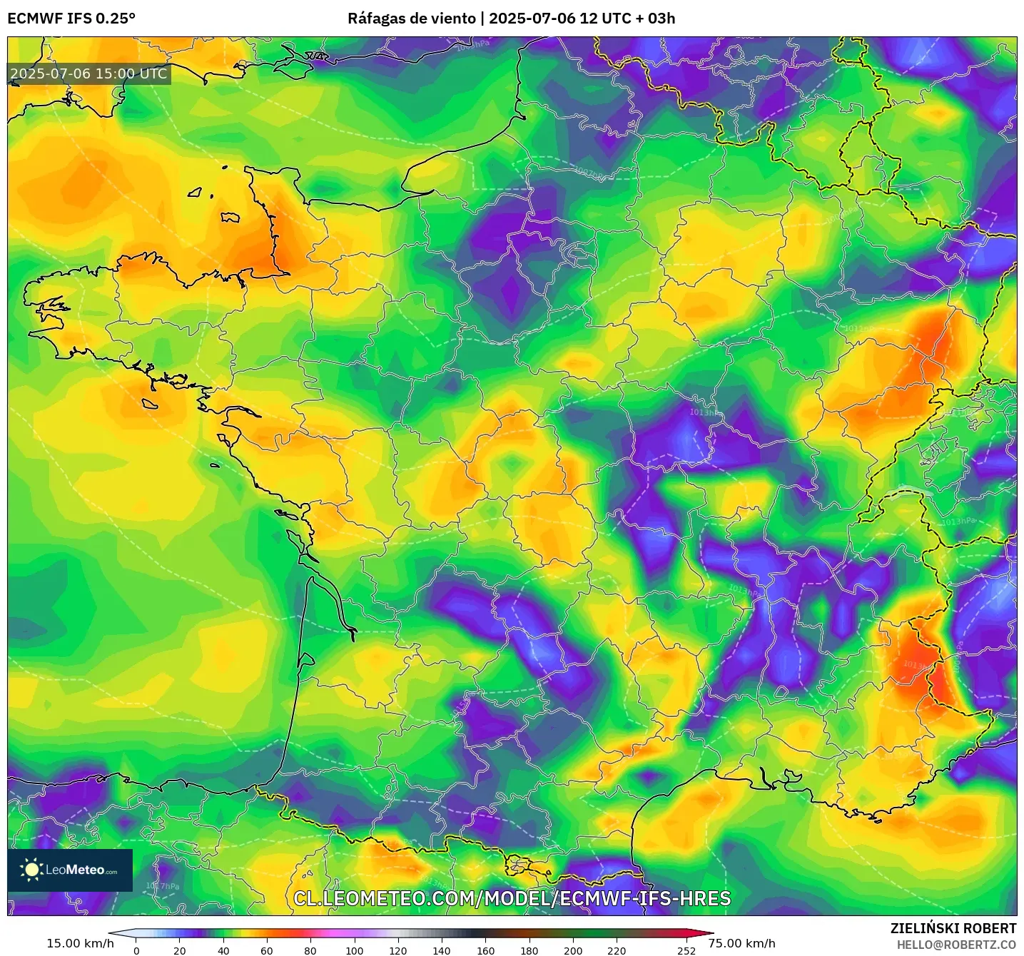 ECMWF IFS 0.25° model - Francia, Ráfagas de viento ECMWF IFS 0.25° model - Francia, Ráfagas de viento