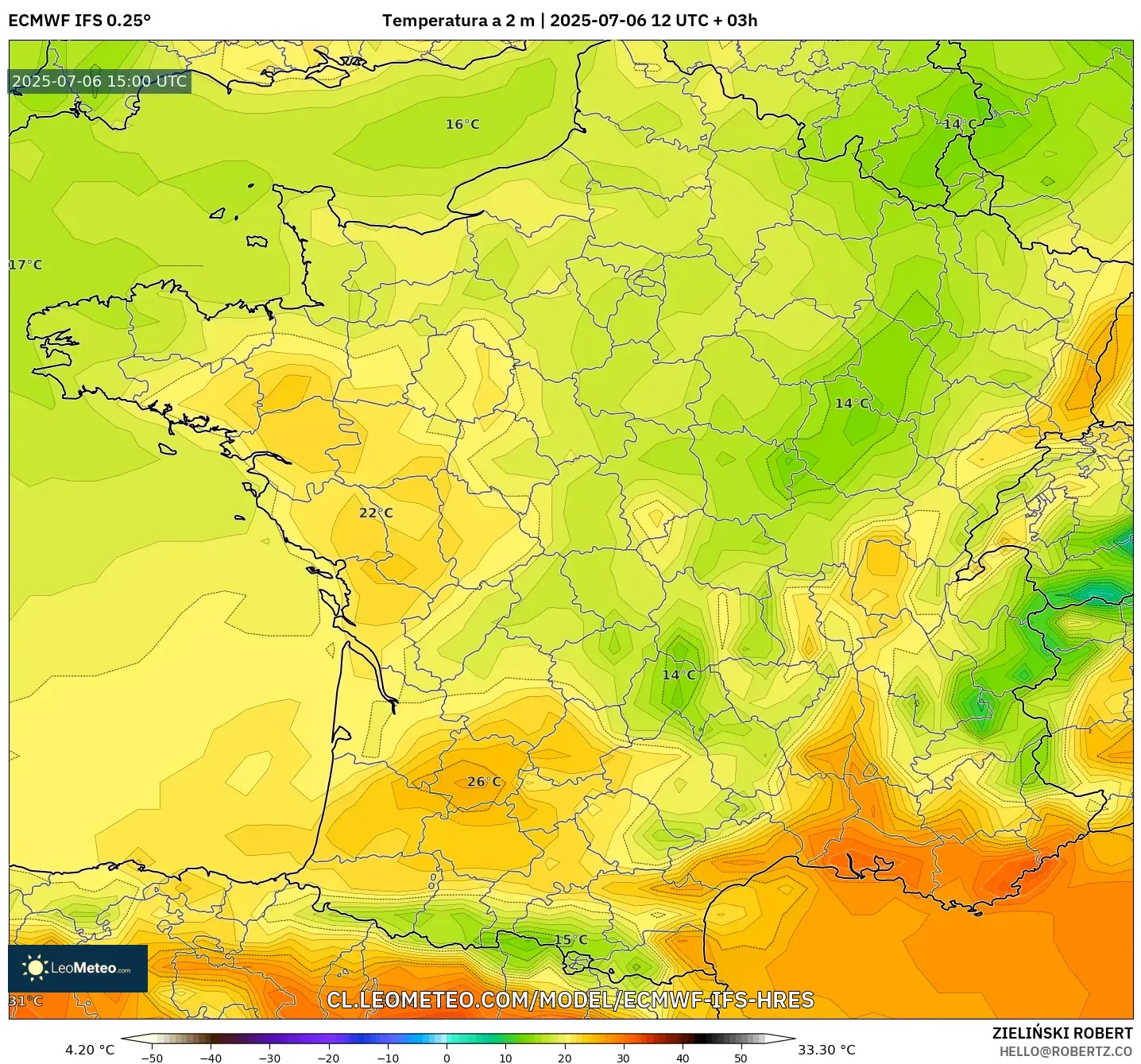 ECMWF IFS 0.25° model - Francia, Temperatura a 2 m ECMWF IFS 0.25° model - Francia, Temperatura a 2 m