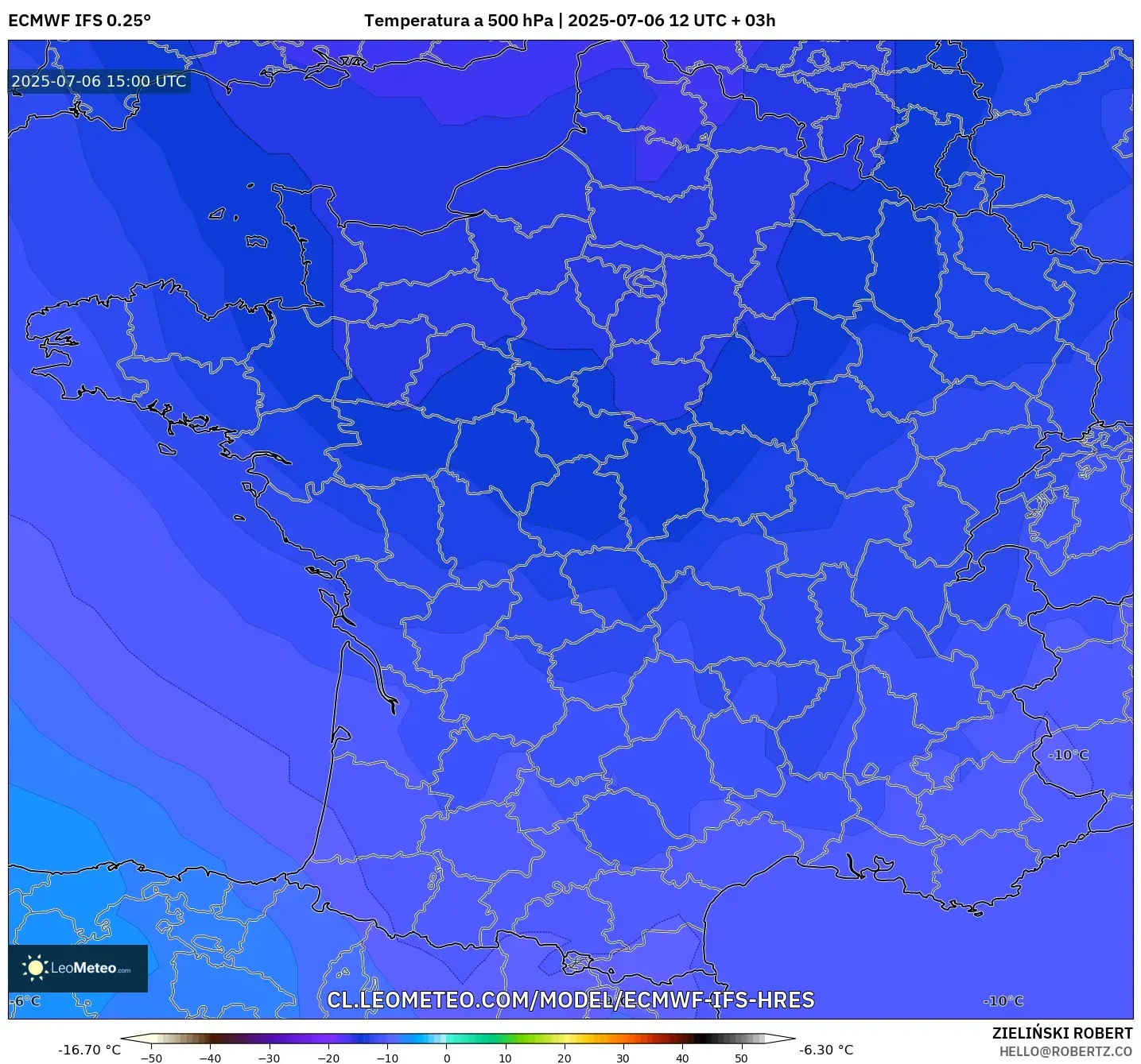 ECMWF IFS 0.25° model - Francia, Temperatura a 500 hPa ECMWF IFS 0.25° model - Francia, Temperatura a 500 hPa