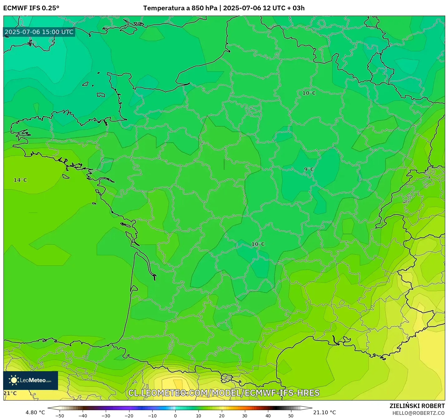 ECMWF IFS 0.25° model - Francia, Temperatura a 850 hPa ECMWF IFS 0.25° model - Francia, Temperatura a 850 hPa