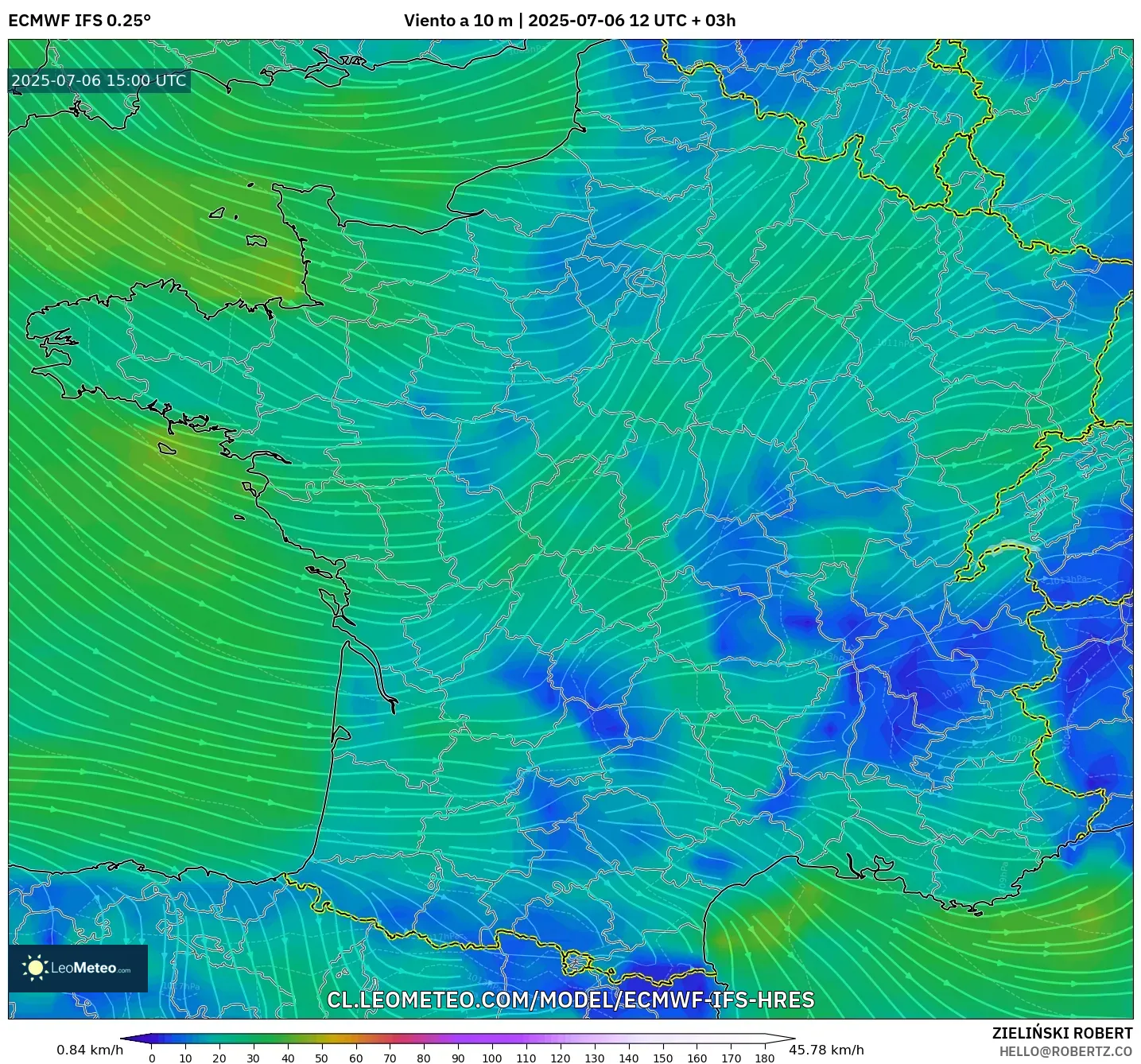 ECMWF IFS 0.25° model - Francia, Viento a 10 m ECMWF IFS 0.25° model - Francia, Viento a 10 m