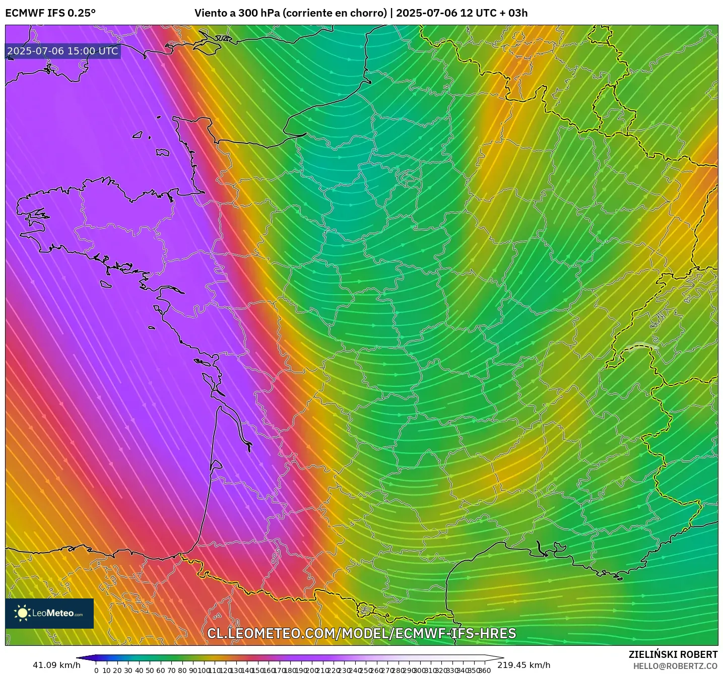 ECMWF IFS 0.25° model - Francia, Viento a 300 hPa (corriente en chorro) ECMWF IFS 0.25° model - Francia, Viento a 300 hPa (corriente en chorro)
