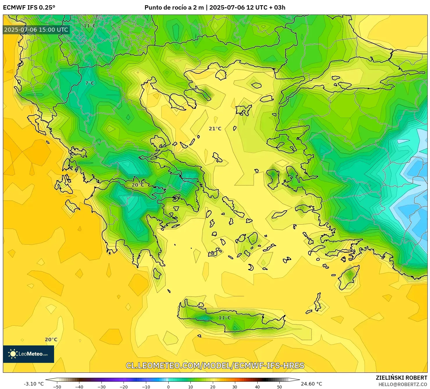 ECMWF IFS 0.25° model - Grecia, Punto de rocío a 2 m ECMWF IFS 0.25° model - Grecia, Punto de rocío a 2 m