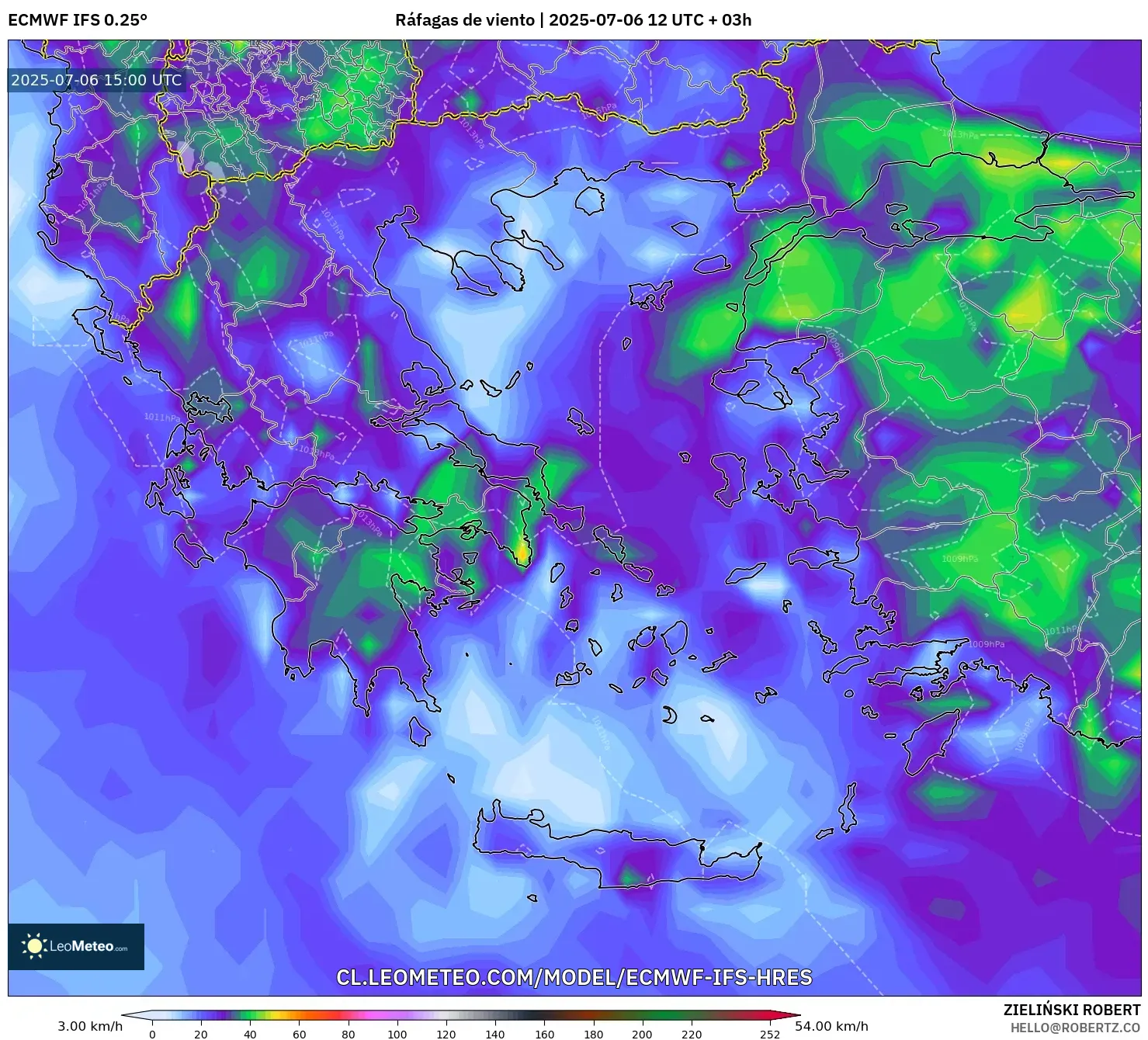 ECMWF IFS 0.25° model - Grecia, Ráfagas de viento ECMWF IFS 0.25° model - Grecia, Ráfagas de viento