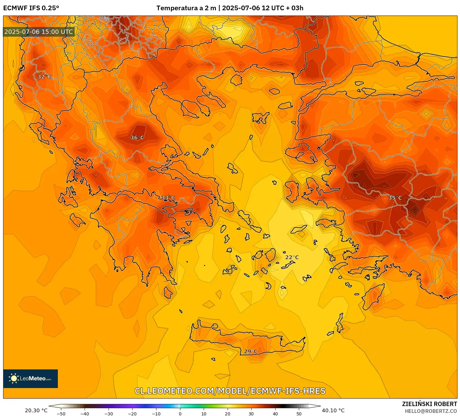 ECMWF IFS 0.25° model - Grecia, Temperatura a 2 m ECMWF IFS 0.25° model - Grecia, Temperatura a 2 m