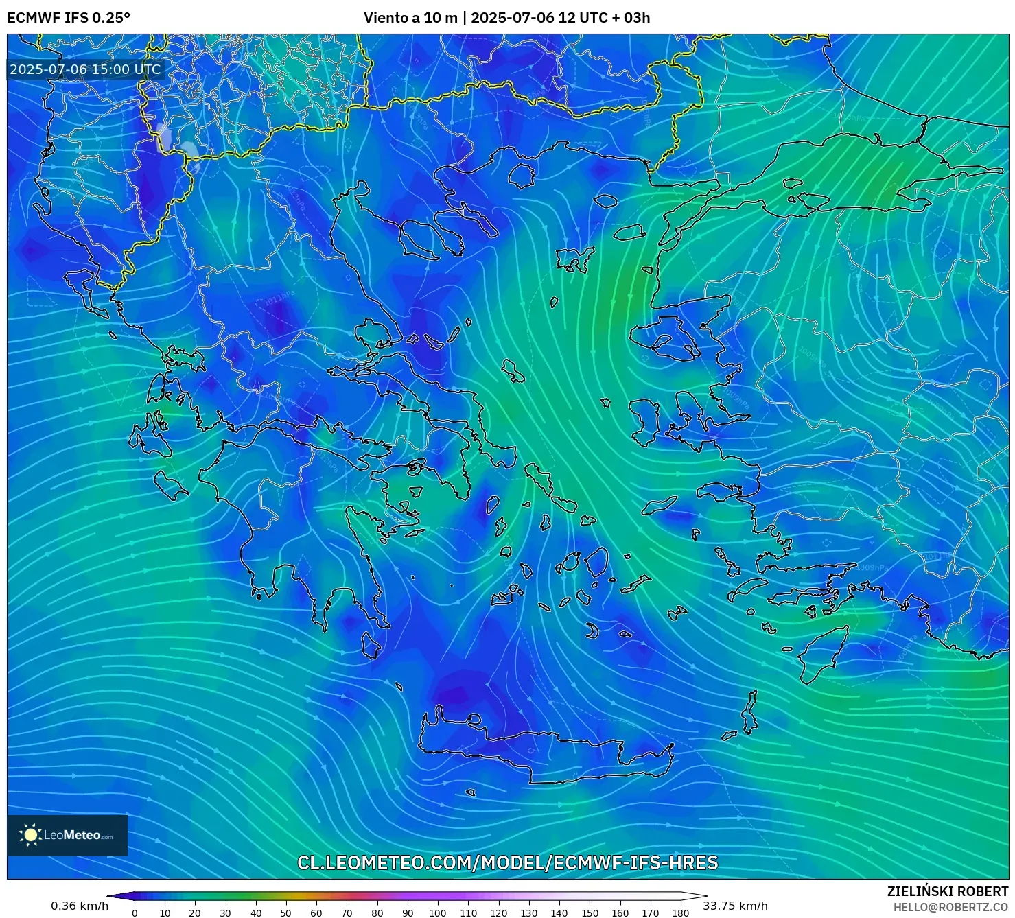ECMWF IFS 0.25° model - Grecia, Viento a 10 m ECMWF IFS 0.25° model - Grecia, Viento a 10 m