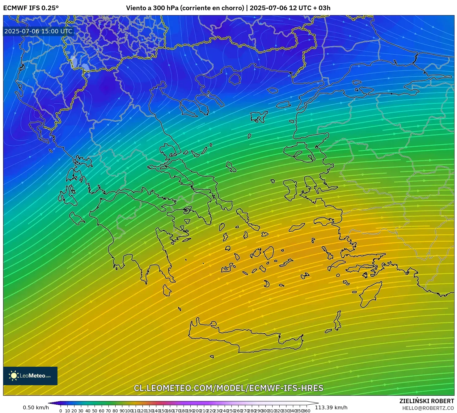 ECMWF IFS 0.25° model - Grecia, Viento a 300 hPa (corriente en chorro) ECMWF IFS 0.25° model - Grecia, Viento a 300 hPa (corriente en chorro)