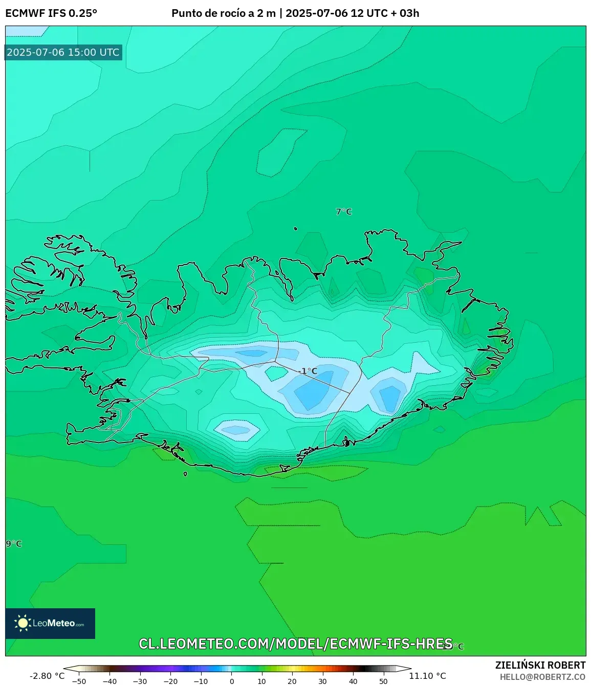 ECMWF IFS 0.25° model - Islandia, Punto de rocío a 2 m ECMWF IFS 0.25° model - Islandia, Punto de rocío a 2 m