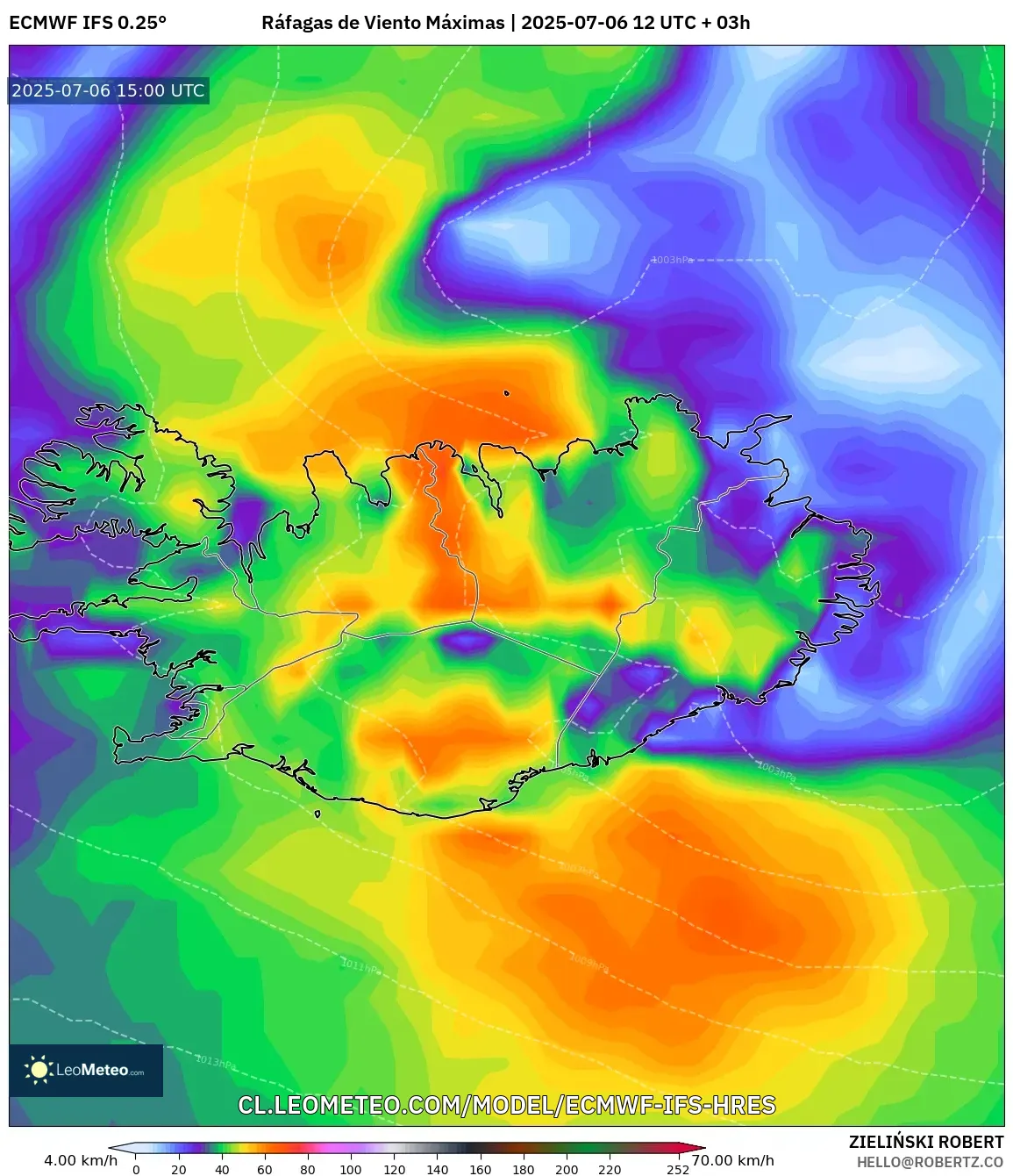 ECMWF IFS 0.25° model - Islandia, Ráfagas de Viento Máximas ECMWF IFS 0.25° model - Islandia, Ráfagas de Viento Máximas