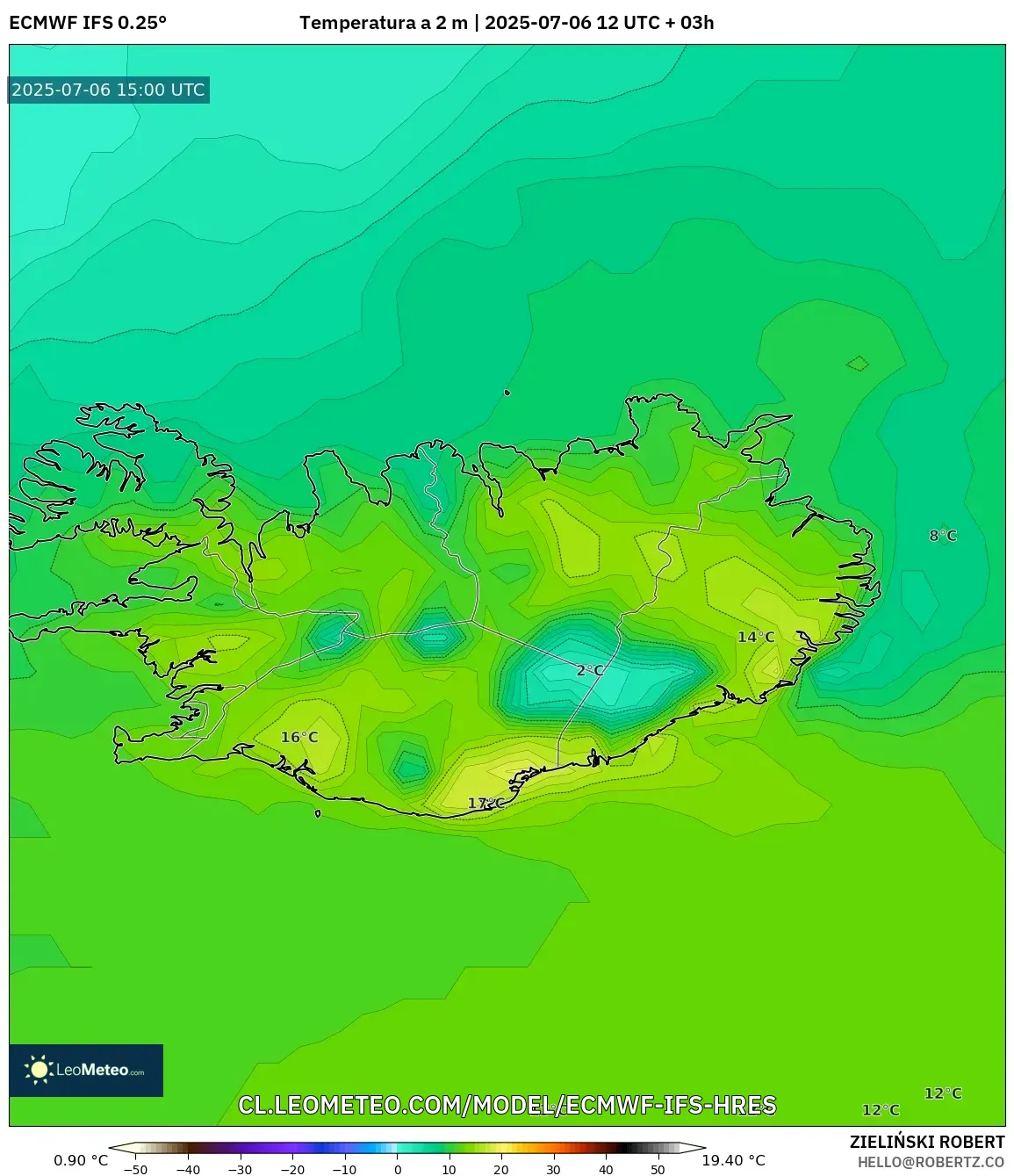 ECMWF IFS 0.25° model - Islandia, Temperatura a 2 m ECMWF IFS 0.25° model - Islandia, Temperatura a 2 m