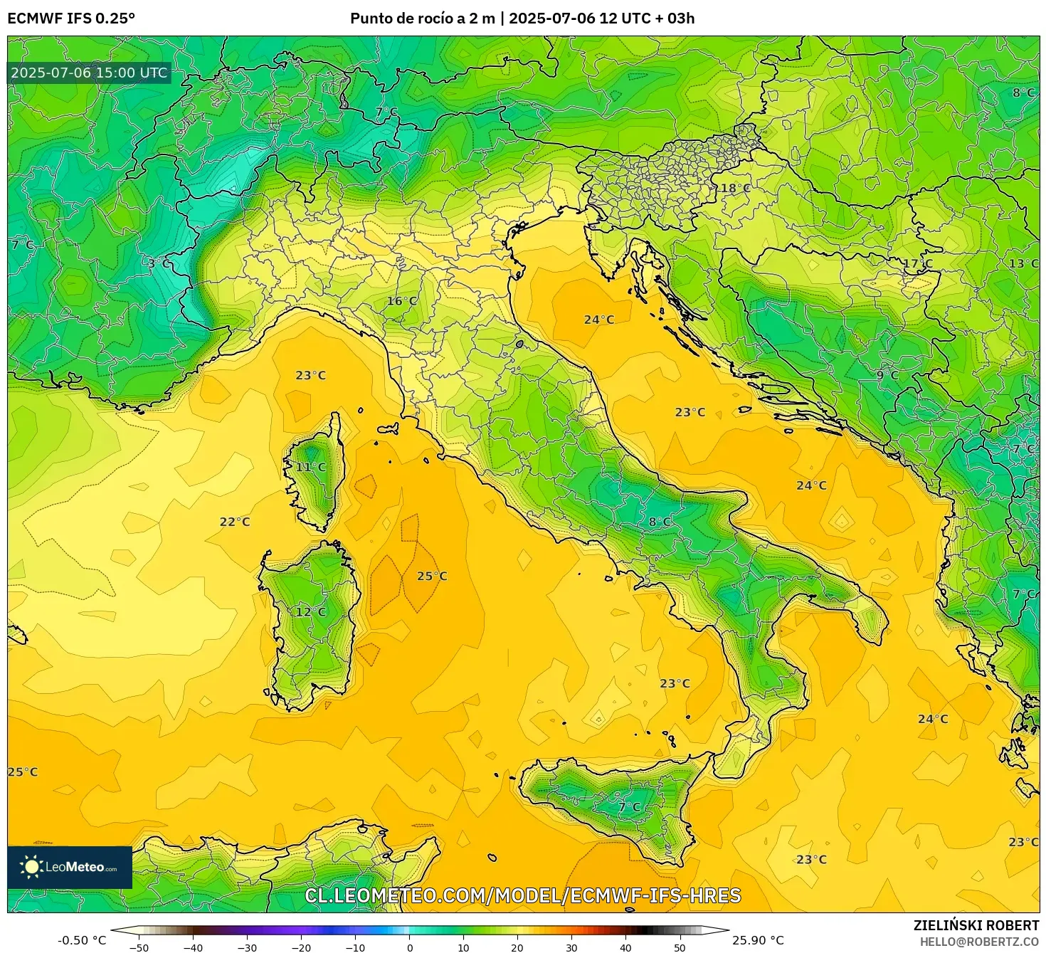 ECMWF IFS 0.25° model - Italia, Punto de rocío a 2 m ECMWF IFS 0.25° model - Italia, Punto de rocío a 2 m