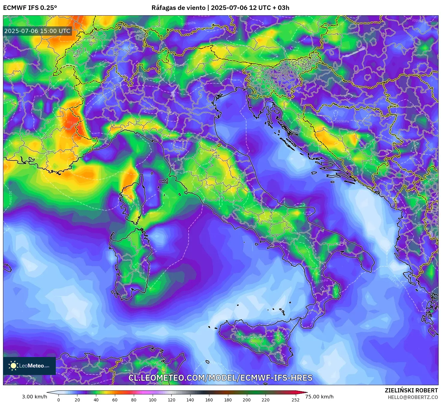 ECMWF IFS 0.25° model - Italia, Ráfagas de viento ECMWF IFS 0.25° model - Italia, Ráfagas de viento