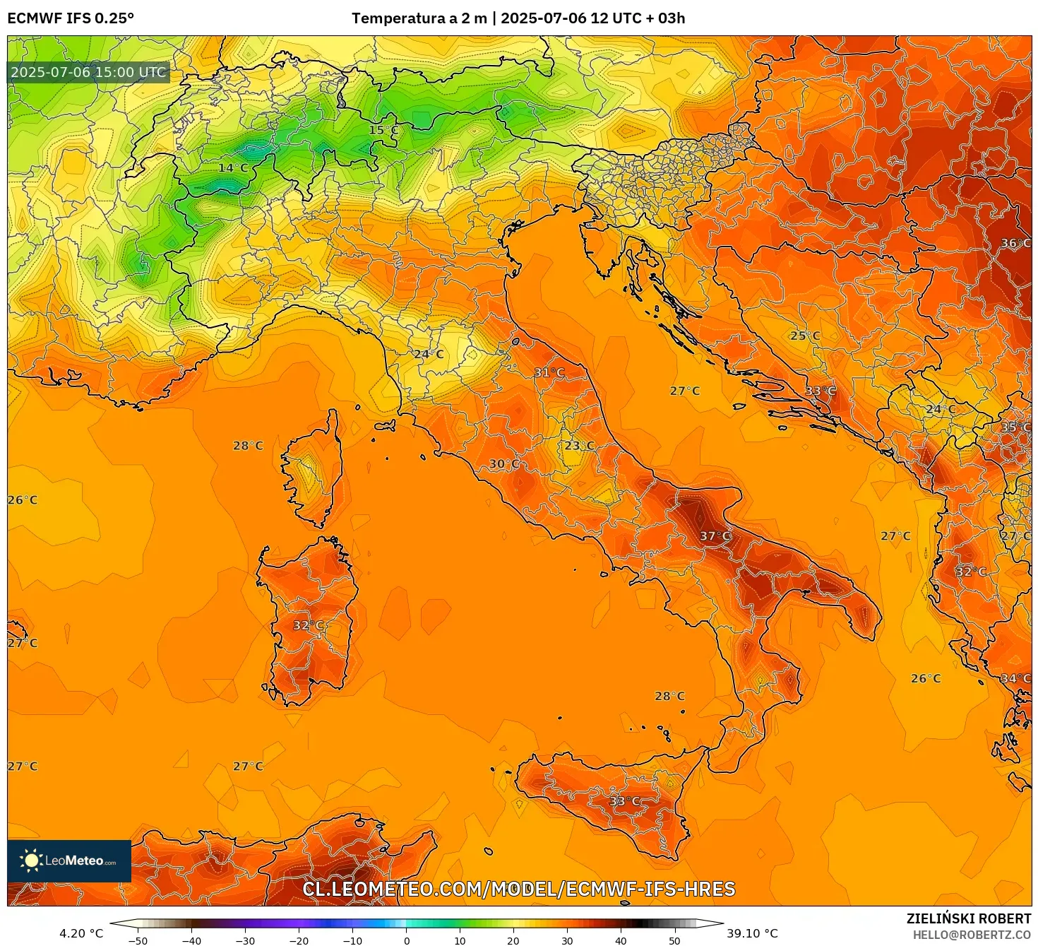 ECMWF IFS 0.25° model - Italia, Temperatura a 2 m ECMWF IFS 0.25° model - Italia, Temperatura a 2 m