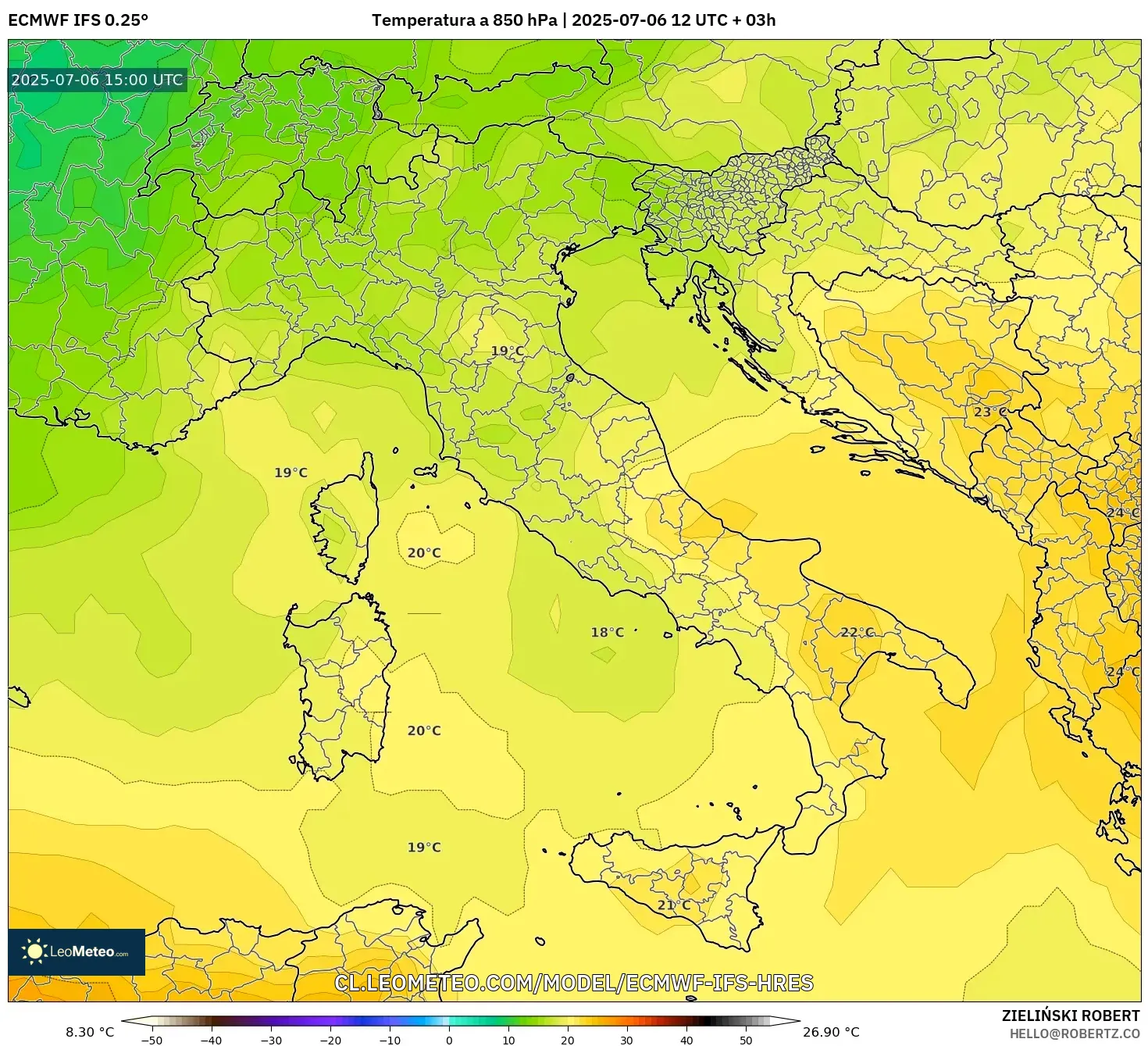 ECMWF IFS 0.25° model - Italia, Temperatura a 850 hPa ECMWF IFS 0.25° model - Italia, Temperatura a 850 hPa