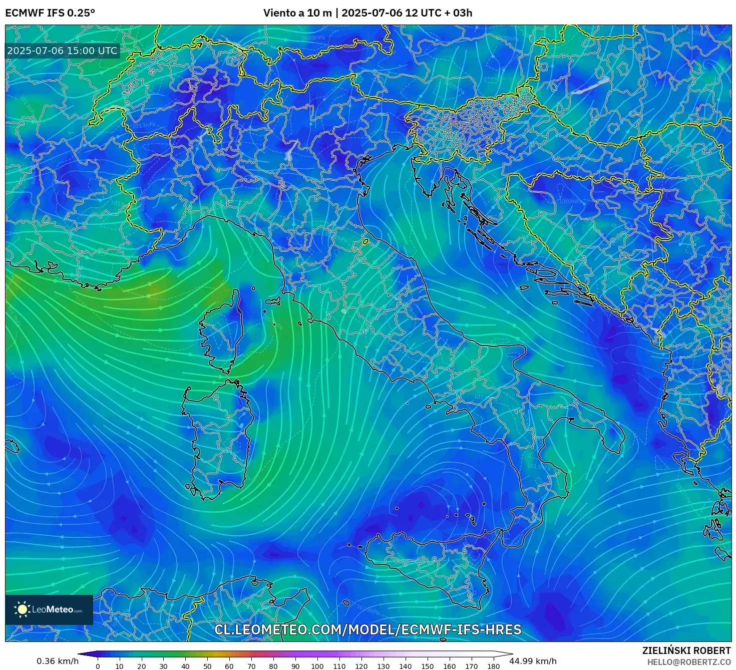 ECMWF IFS 0.25° model - Italia, Viento a 10 m ECMWF IFS 0.25° model - Italia, Viento a 10 m