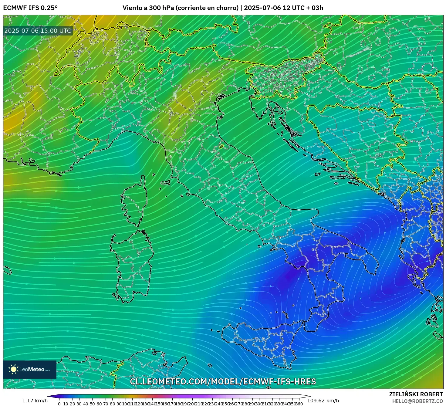ECMWF IFS 0.25° model - Italia, Viento a 300 hPa (corriente en chorro) ECMWF IFS 0.25° model - Italia, Viento a 300 hPa (corriente en chorro)