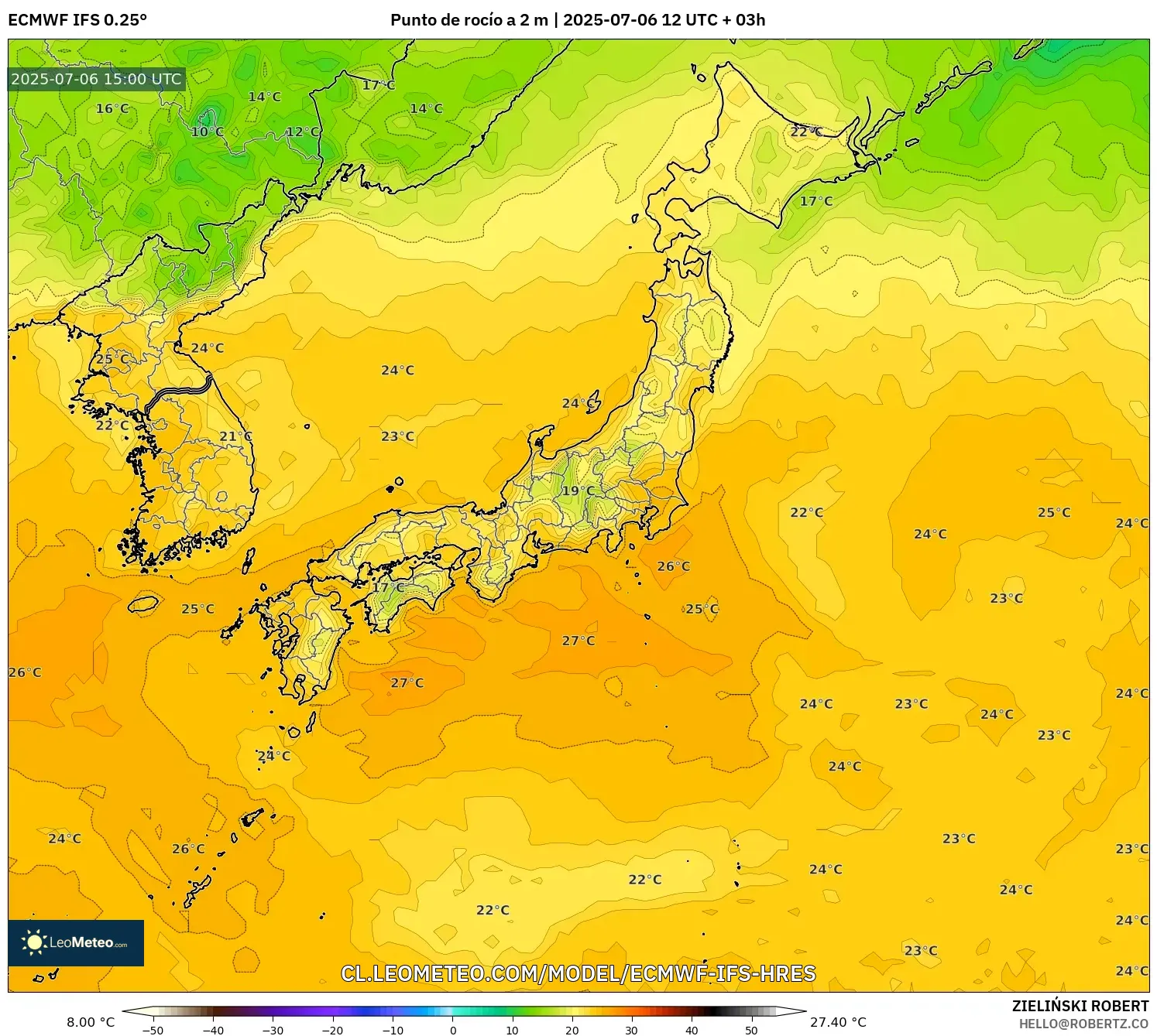 ECMWF IFS 0.25° model - Japón, Punto de rocío a 2 m ECMWF IFS 0.25° model - Japón, Punto de rocío a 2 m